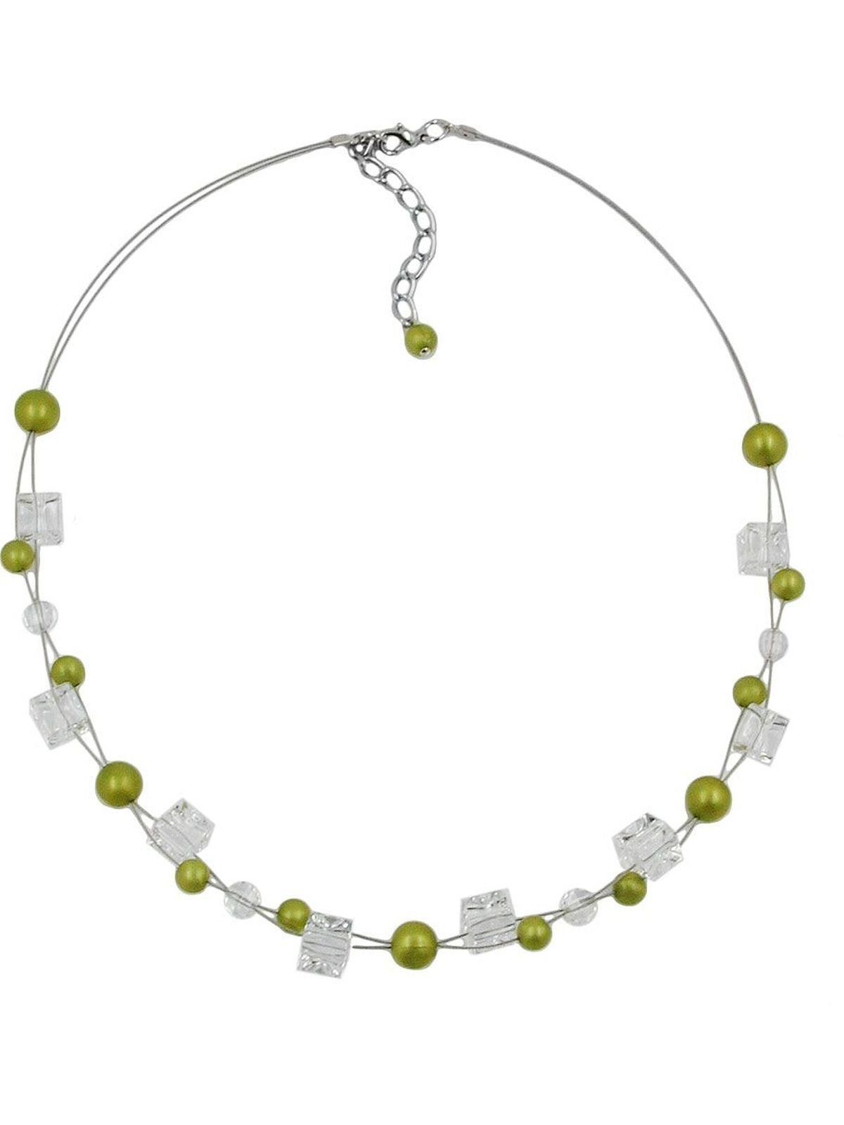 Gallay Perlenkette Drahtkette oliv-seidig Kunststoffperlen (1-tlg) und Würfel 42cm transparente