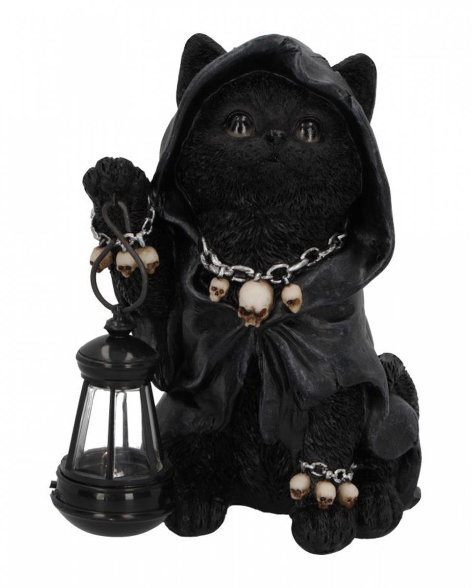 Dekofigur Schwarze Grim Reaper Katze mit Umhang & Laterne 18