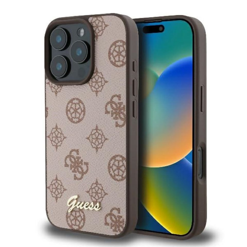 Handyhülle iPhone 16 Pro Max Kunstleder braun rosa MagSafe Logo goldfarbig