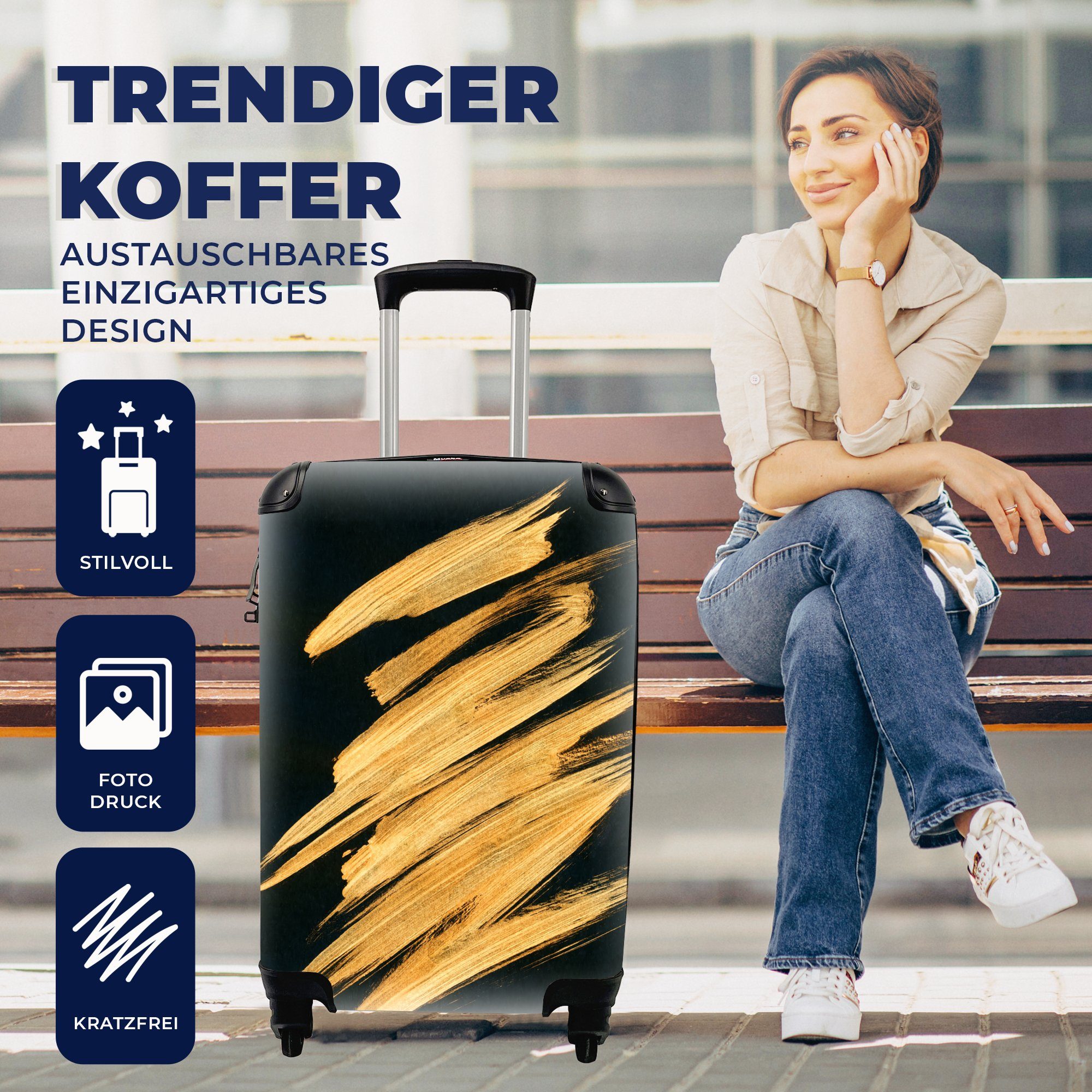 - Trolley, Luxus Reisekoffer Reisetasche - Streifen - Abstrakt, MuchoWow Farbe für Ferien, mit Rollen, 4 rollen, Handgepäck Gold Handgepäckkoffer -