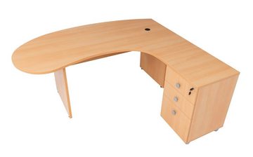 Furni24 Schreibtisch Winkelschreibtisch Gela,Holzfuss,Buche,180 cm, inkl. Beistellcontainer