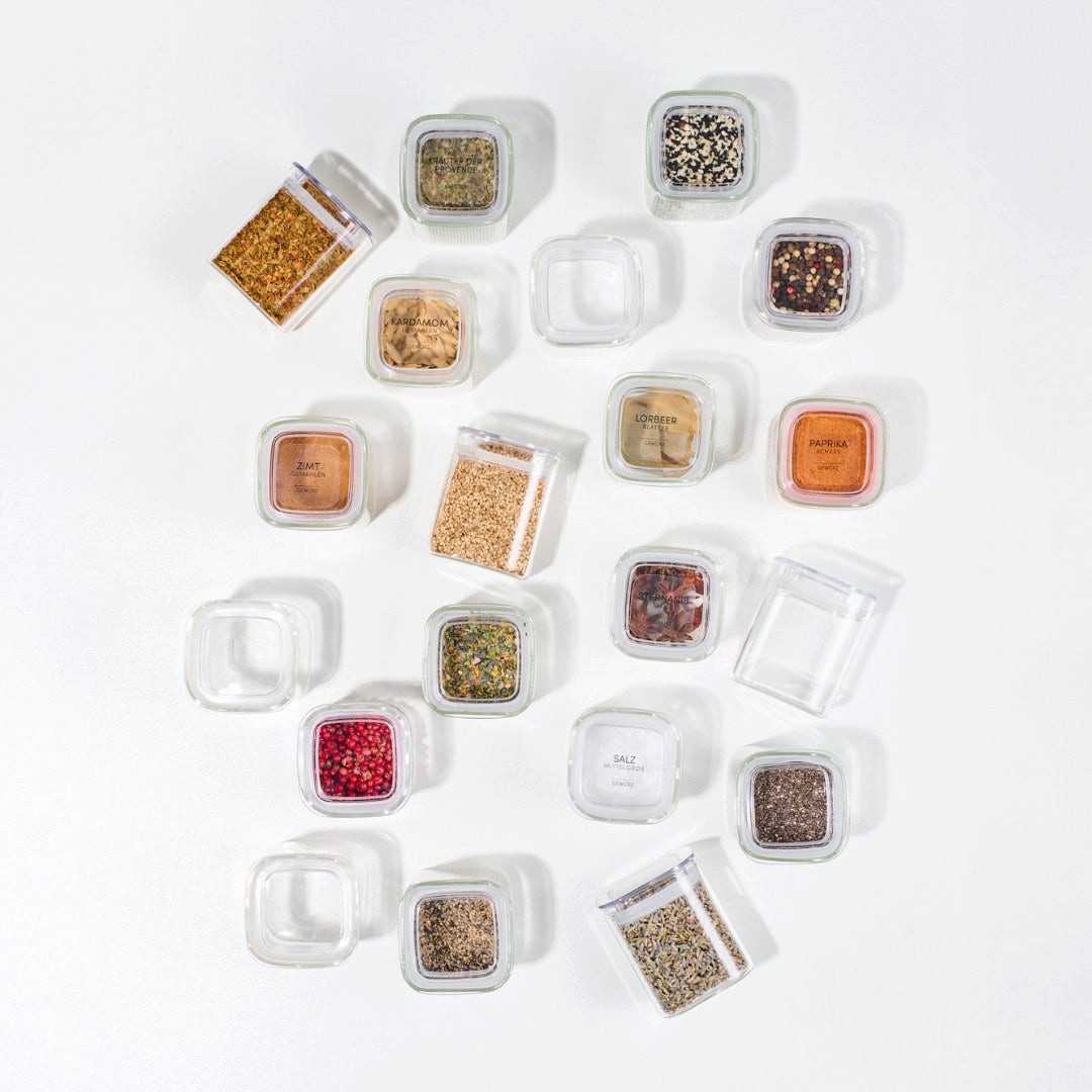 Lieblingsglas Vorratsglas Gewürzschrank Set, Eckig, Glas, (Gewürzgläser-Set, Set aus 20 eckigen Gewürzgläsern mit Deckeln und Etiketten), 20-teiliges Gewürzgläs – Bild 4 von 5