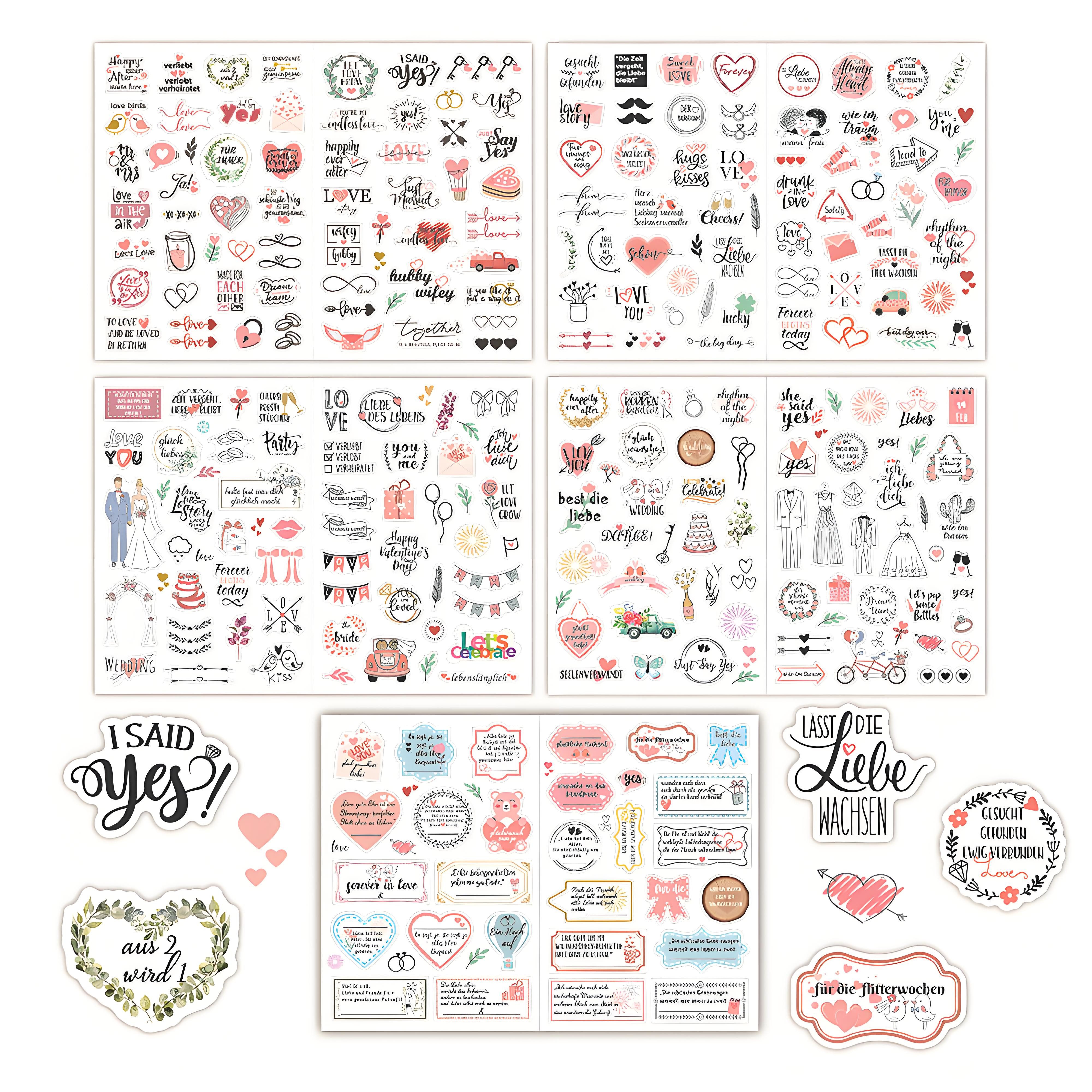 TUWENA Hochzeitskarte 5 Bögen Fotoalbum Sticker, Aufkleber für Hochzeitsscrapbooking, Hochzeitssticker Gästebuch Deko für Fotoalbum, Hochzeitsdeko Zubehör