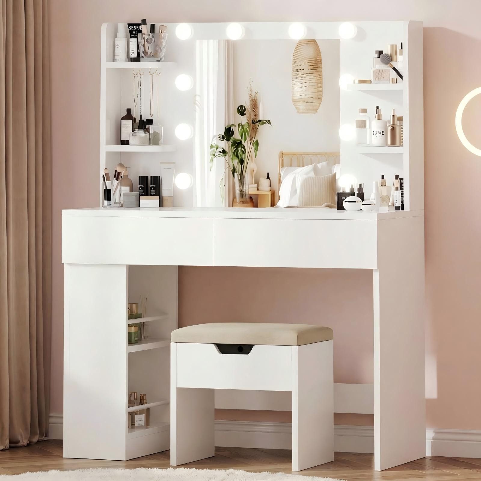 HOMALL Schminktisch mit Spiegel, LED-Beleuchtung, einstellbare Helligkeit, ostern (Langex Brete x Hthe) 90/110 x 40x 135 cm. B ofene Facher (2 seitiche Facher sind nach inks und rechts verschiebban. 2 groBe Schubladen)