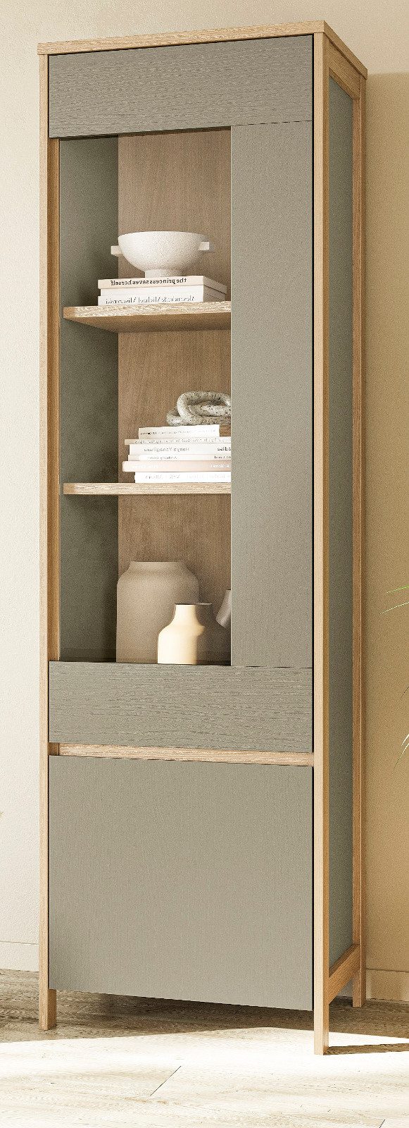 Furn.Design Stauraumvitrine Finnes (Vitrinenschrank in Salbei und Eiche, 58 x 195 cm) wechselbarer Türanschlag und Soft-Close-Funktion