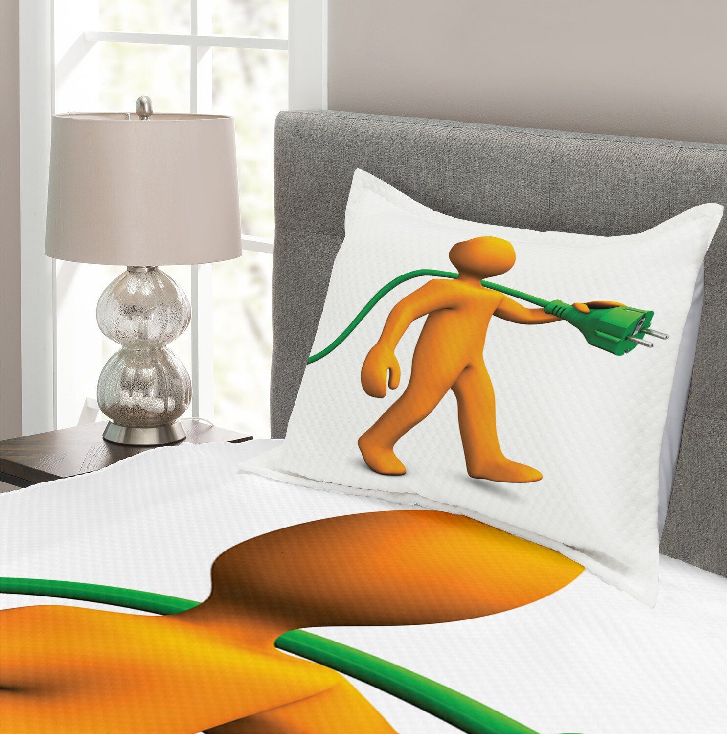 Tagesdecke Kissenbezügen mit orange Set Waschbar, Karikatur grün Abakuhaus,
