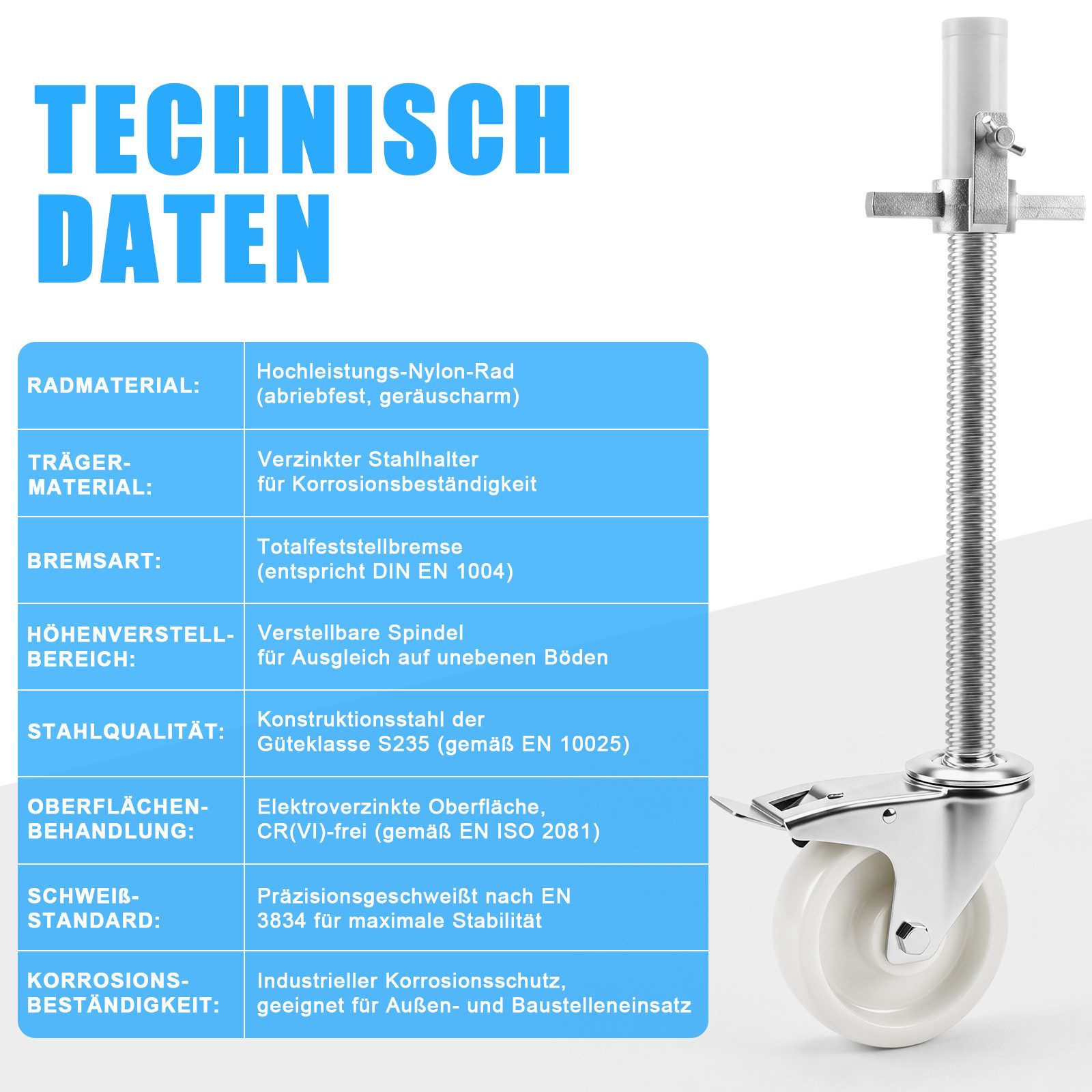XIIW Gerüstrolle 4 tlg. Set Gerüsträder 150mm Lenkrolle mit Bremse 1000kg Tragfähigkeit, (Set, 4-St., Länge: 500 mm, Spindel: Ø38 mm, 370 mm Höhenverstellbar), Gerüstrollen für Gerüst Rollgerüst