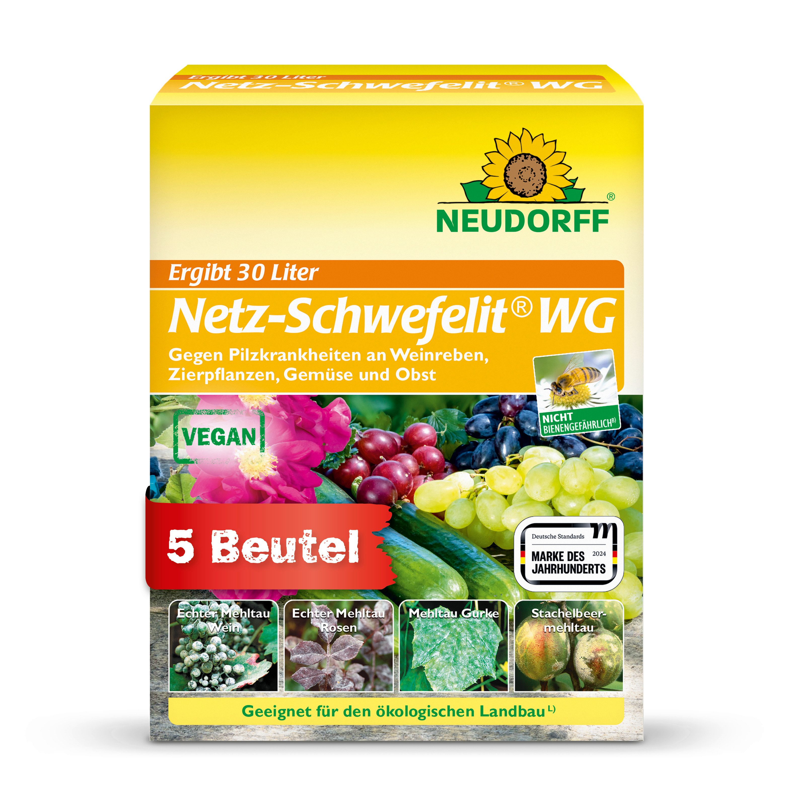 Neudorff Pflanzen-Pilzfrei Netz-Schwefelit WG, 75 g, Wasserdispergierbares Schwefel-Fungizid, 75 g in 5 einzeln portionierten Beuteln à 15 g, Schwefel bildet einen vorbeugenden Schutzfilm auf den Blättern