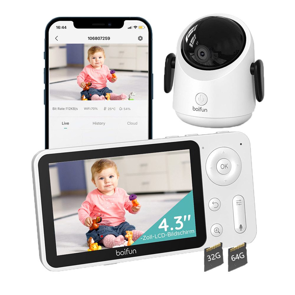 Babyphone WLAN Babyphone mit Kamera 4,3 Zoll Video Babyfon mit App mit TF Karte