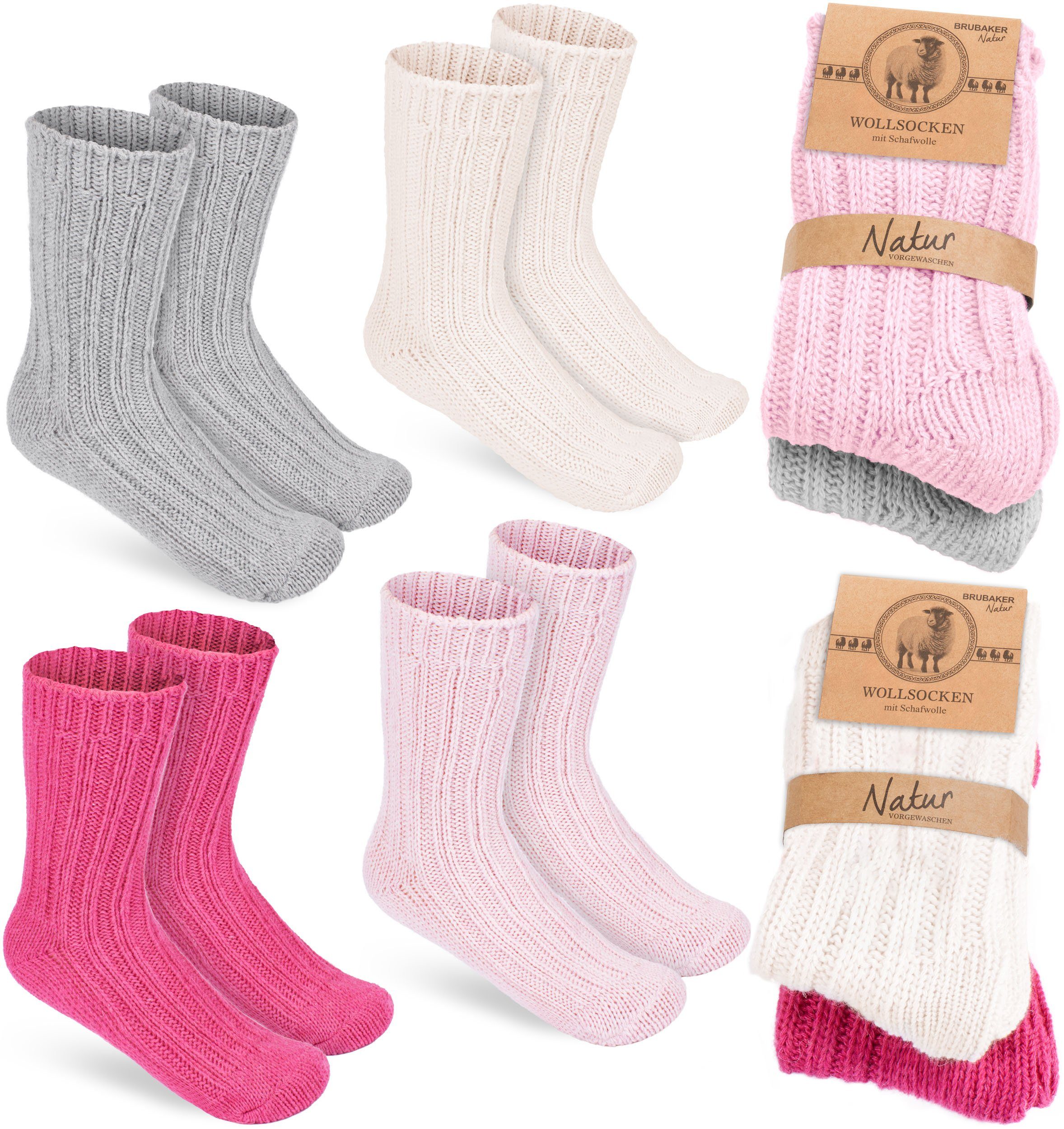 BRUBAKER Socken Kinder Wollsocken - Warme Wintersocken für Jungen und Mädchen (4-Paar, 4er-Pack) Flauschiges Socken Set mit Schafwolle - Winter Kindersocken Rosa, Beige, Grau und Pink