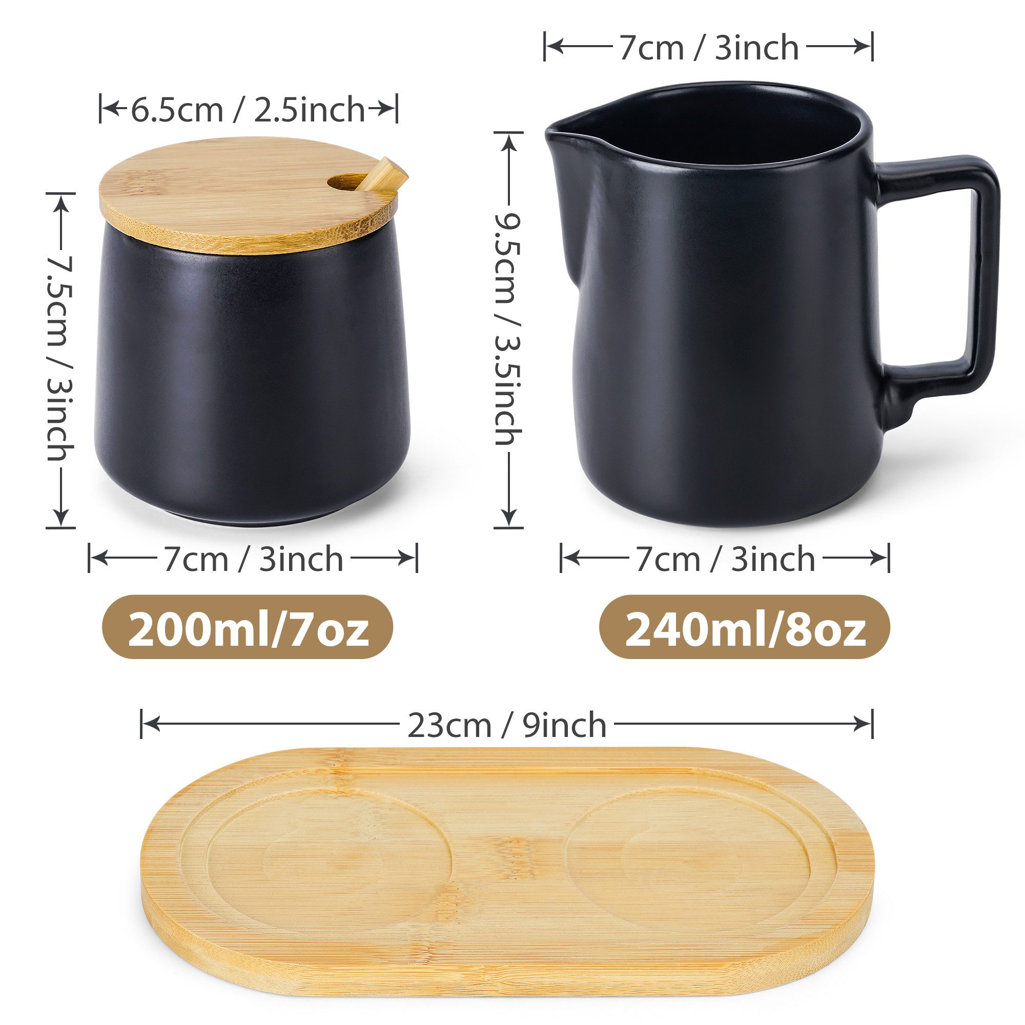 MiaMio Milch- und Zuckerset mit Bambustablett, Deckel und Löffel, Schwarz (5-tlg), Keramik, Zuckerdose 200 ml, Milchkännchen 240 ml, mit Bambustablett