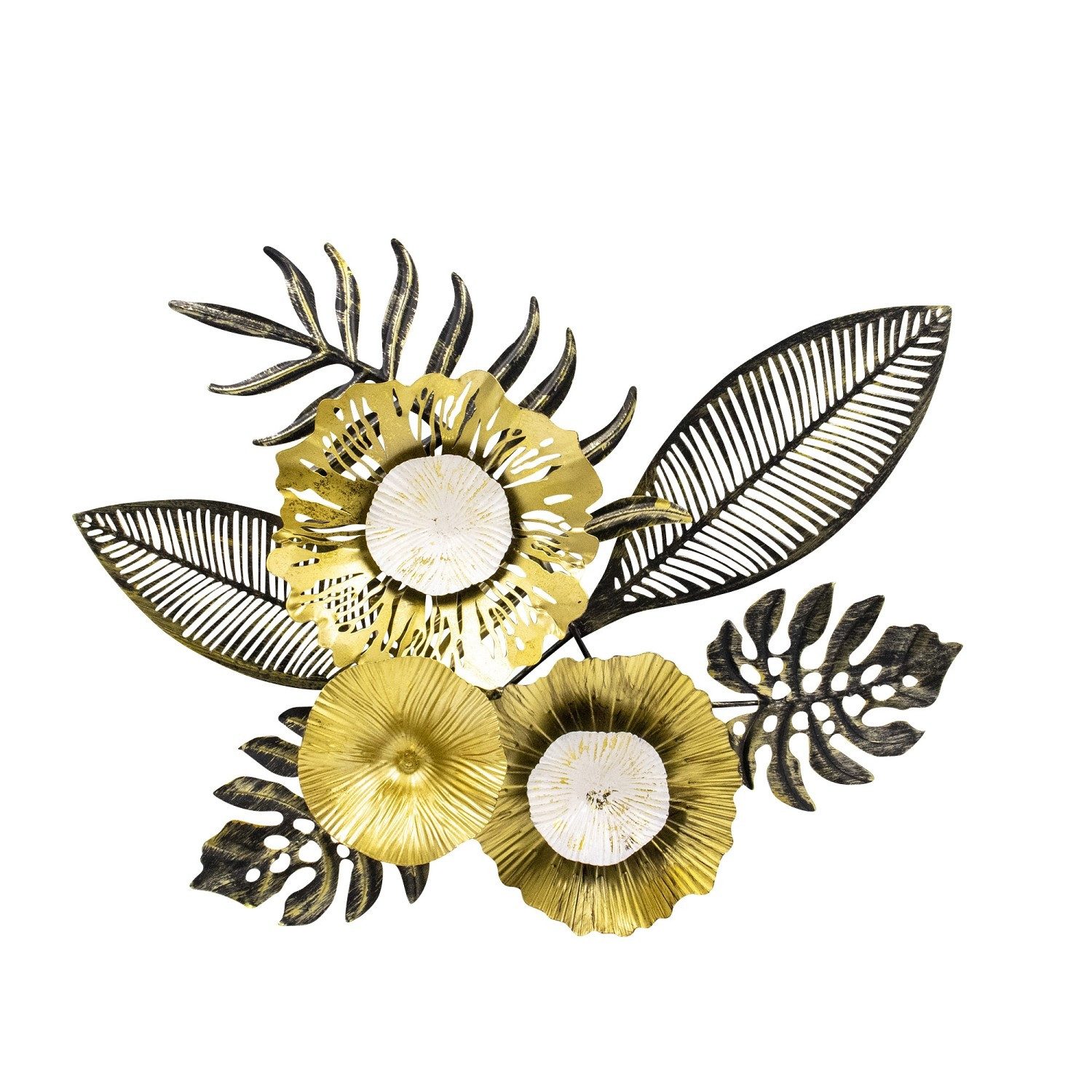 Wanddekoobjekt Wanddeko Flora Metall Blumen Blätter Gold Schwarz Modern 51x42cm