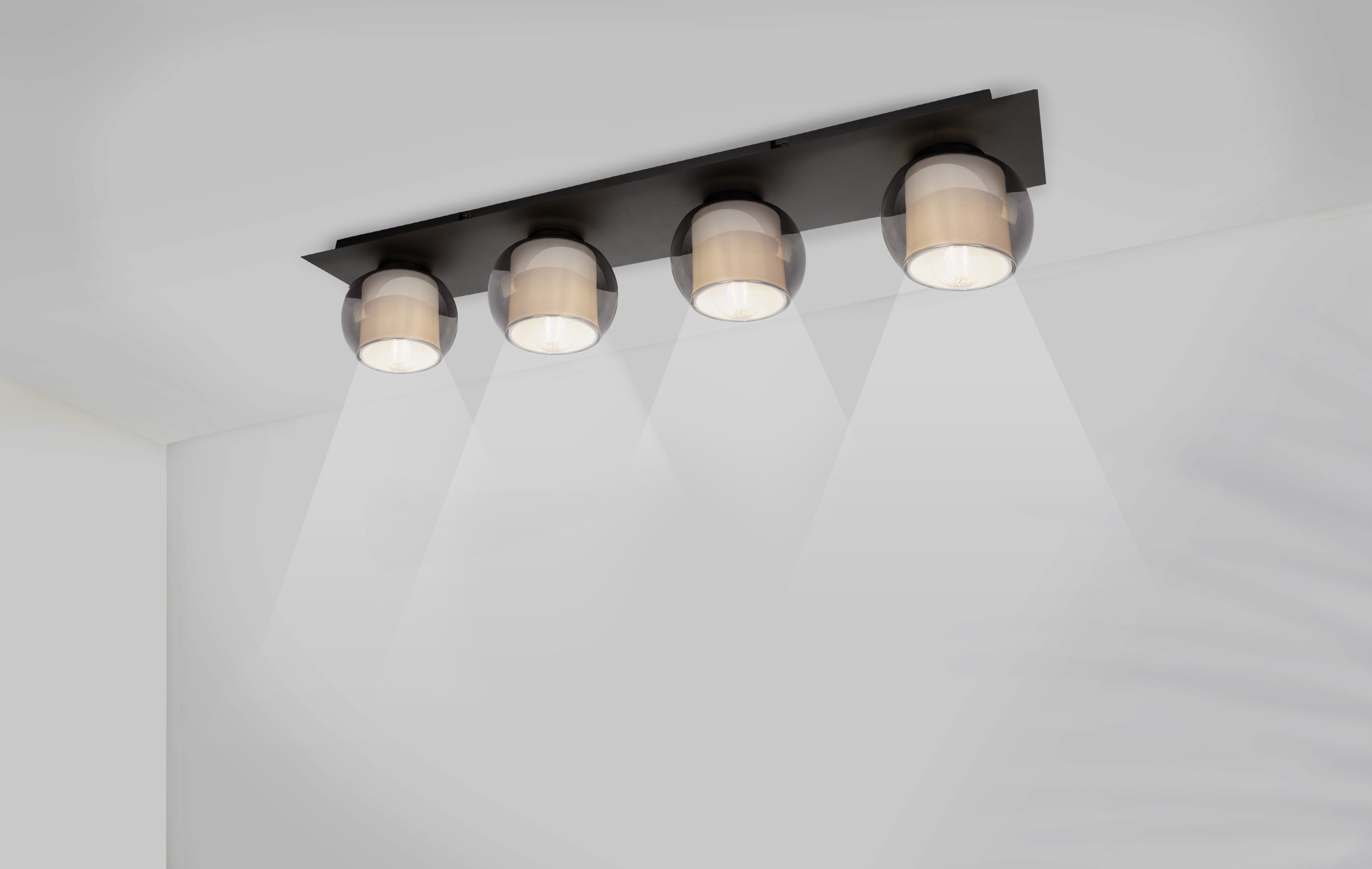 OTTO home Deckenleuchte Tanissa, ohne Leuchtmittel, eckig, 4 kugelförmige Rauchglas-Schirme innen mit Stoff, 4x E27 exkl.