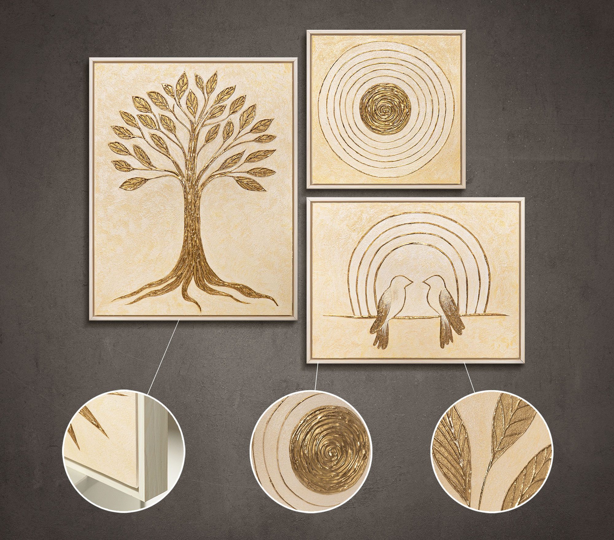 YS-Art Gemälde "Leuchten der Natur", Natur (Set, 3 St), Wandbilder Set mit floralen und natürlichen Motiven in Gold und Beige