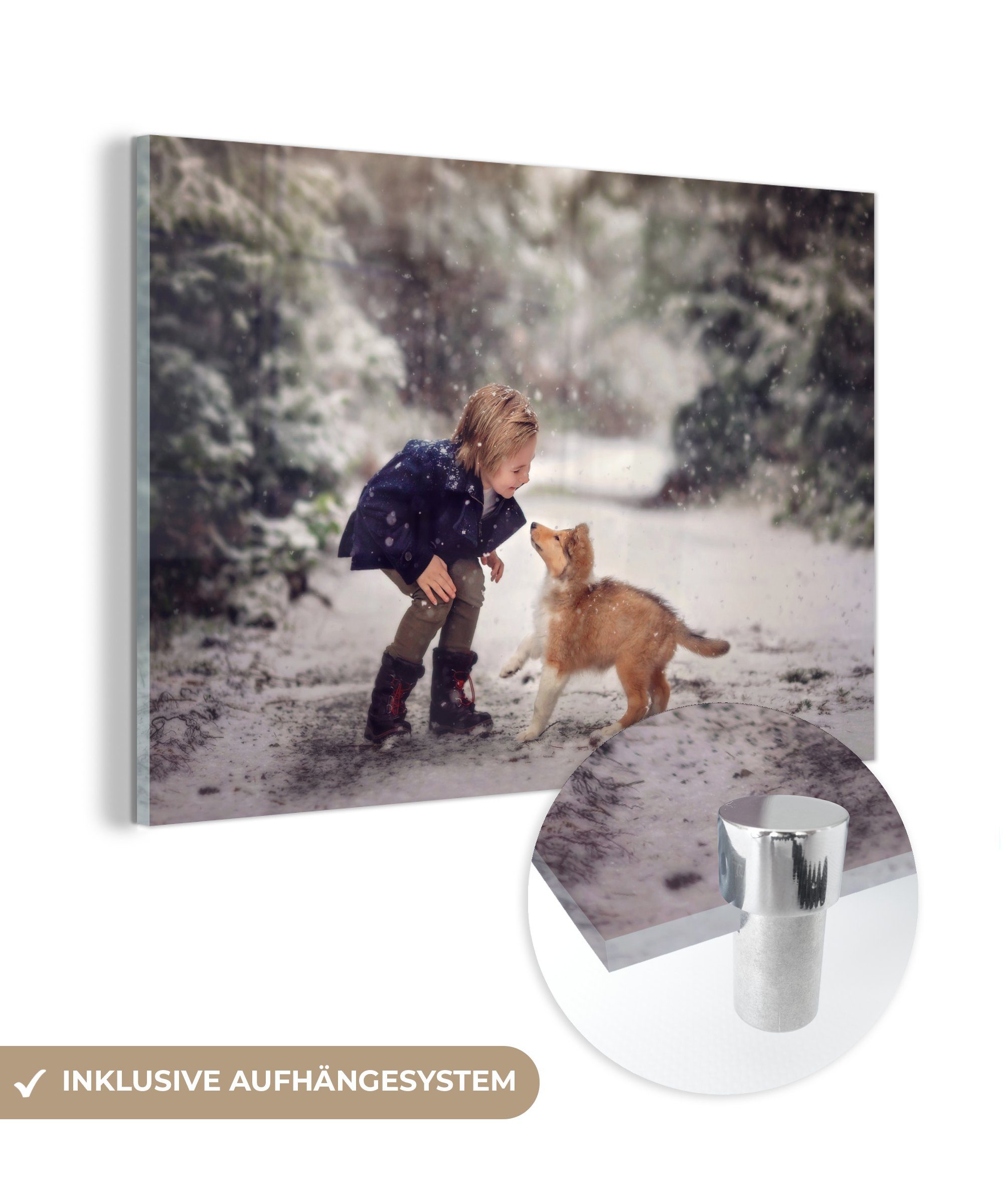 Mädchen Acrylglasbilder - Acrylglasbild MuchoWow & Schnee Winter, - St), (1 Wohnzimmer Schlafzimmer - Hund