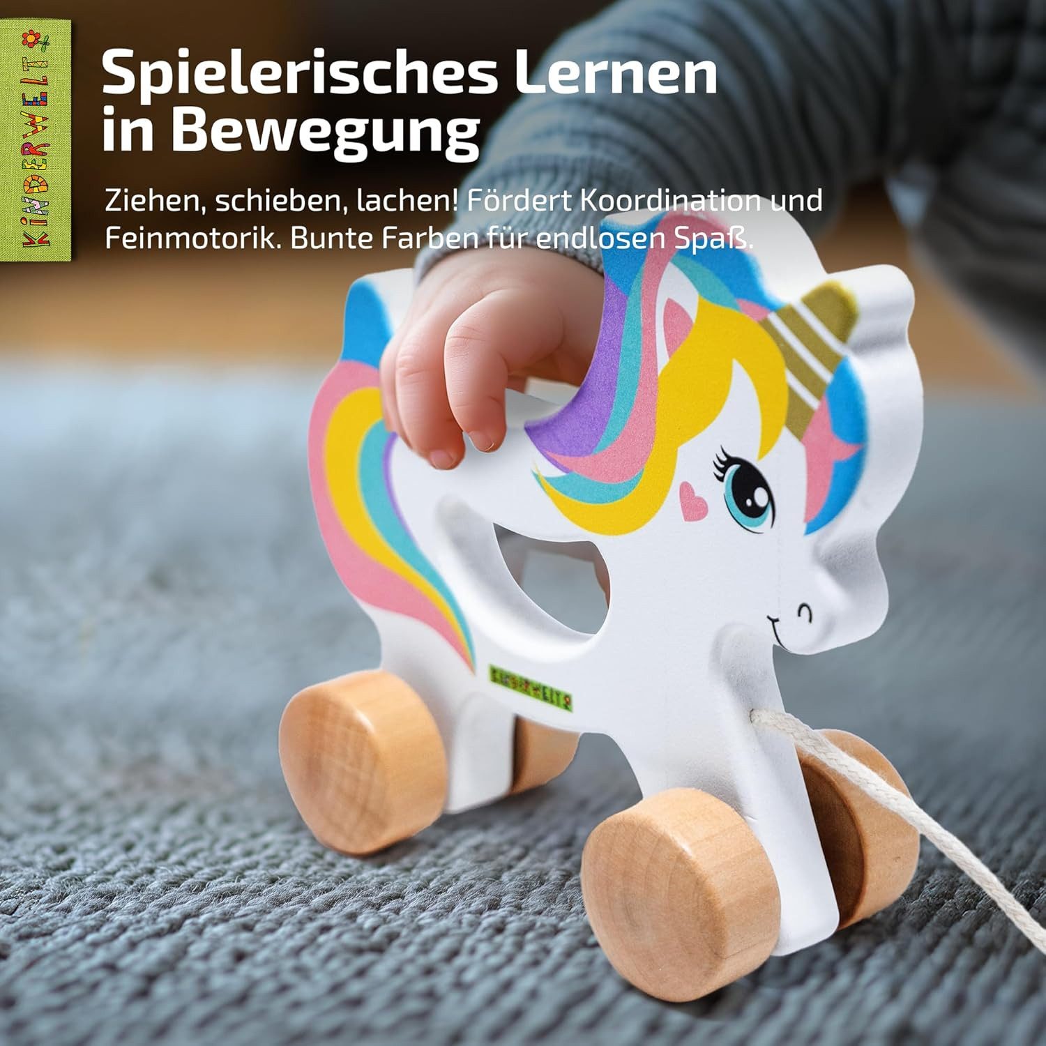 KiNDERWELT Stoffpuppe Nachziehspielzeug Einhorn aus Holz, kindgerechtes Lernspielzeug, Kinde