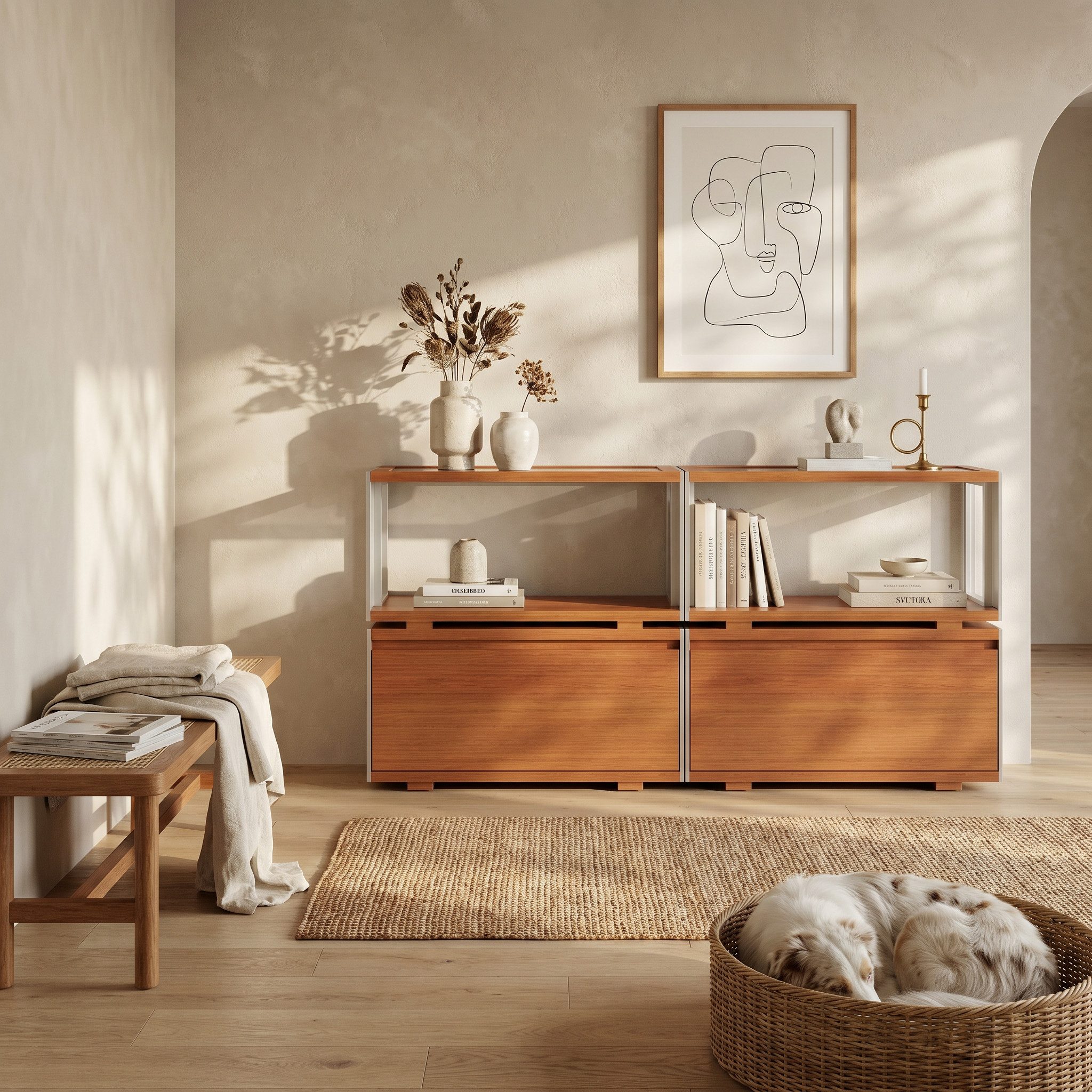HOMSEE Sideboard mit Glasaufsatz, modular, Teakoptik, MDF, 141×40×75 cm (1 St), Flexibles modulares System mit stilvollem Stauraumdesign