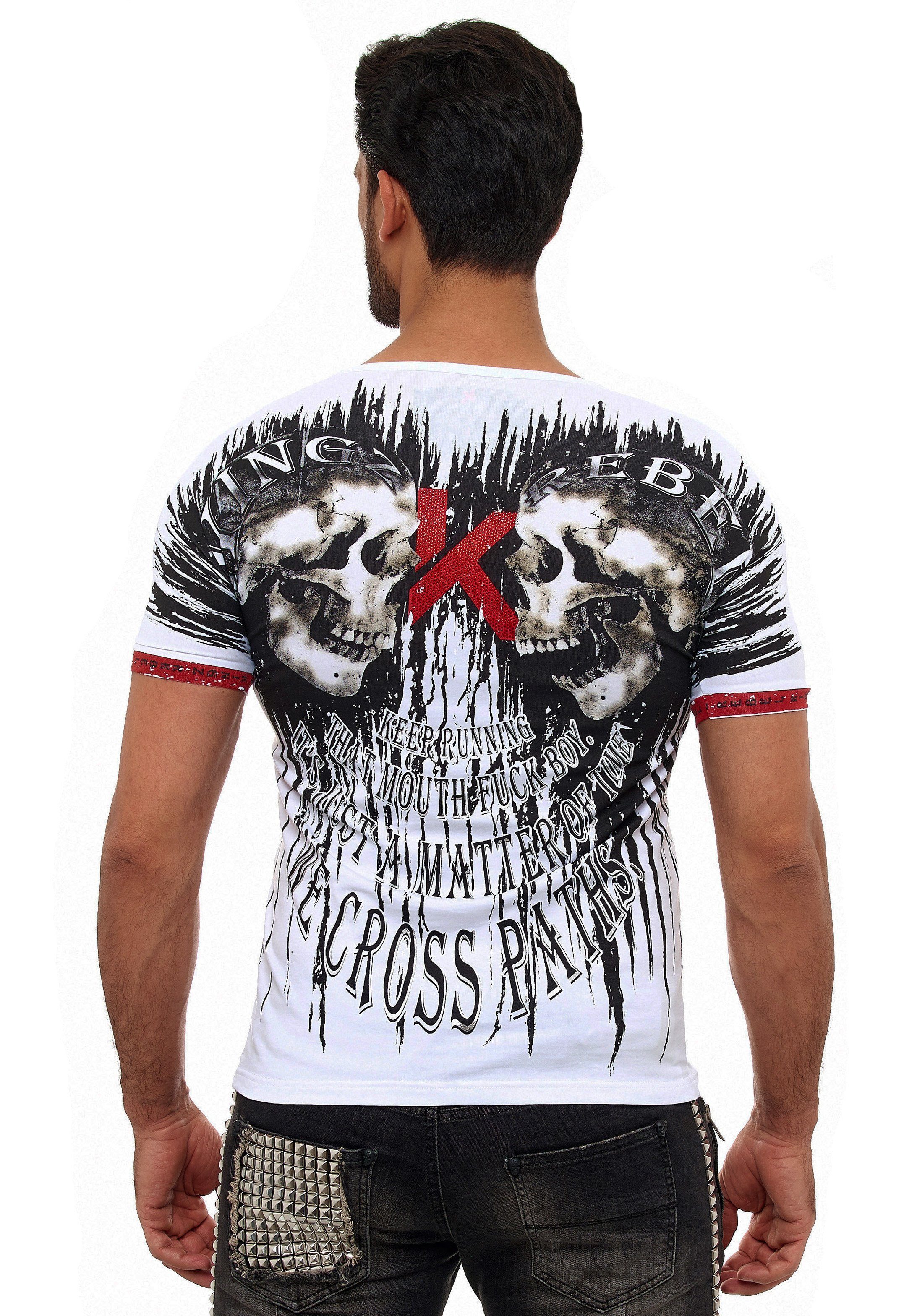 Totenkopf-Druck T-Shirt trendigem mit KINGZ silberfarben-weiß