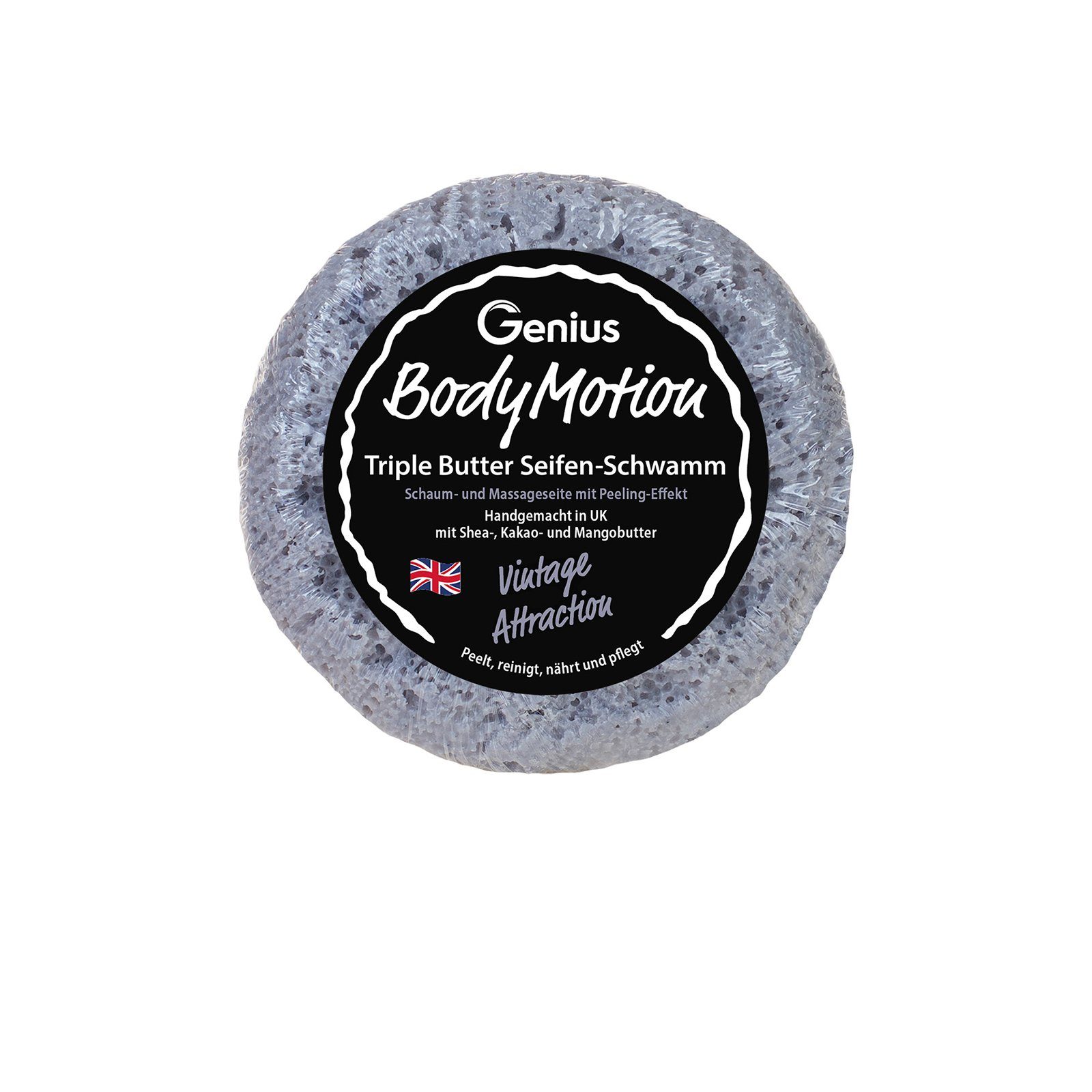 Genius Körperschaum Body Motion Triple Butter Seifen-Schwamm Duschschwamm Peeling mit Duft, ohne Tierversuche, Peeling, Reinigung, handgemacht Made in UK
