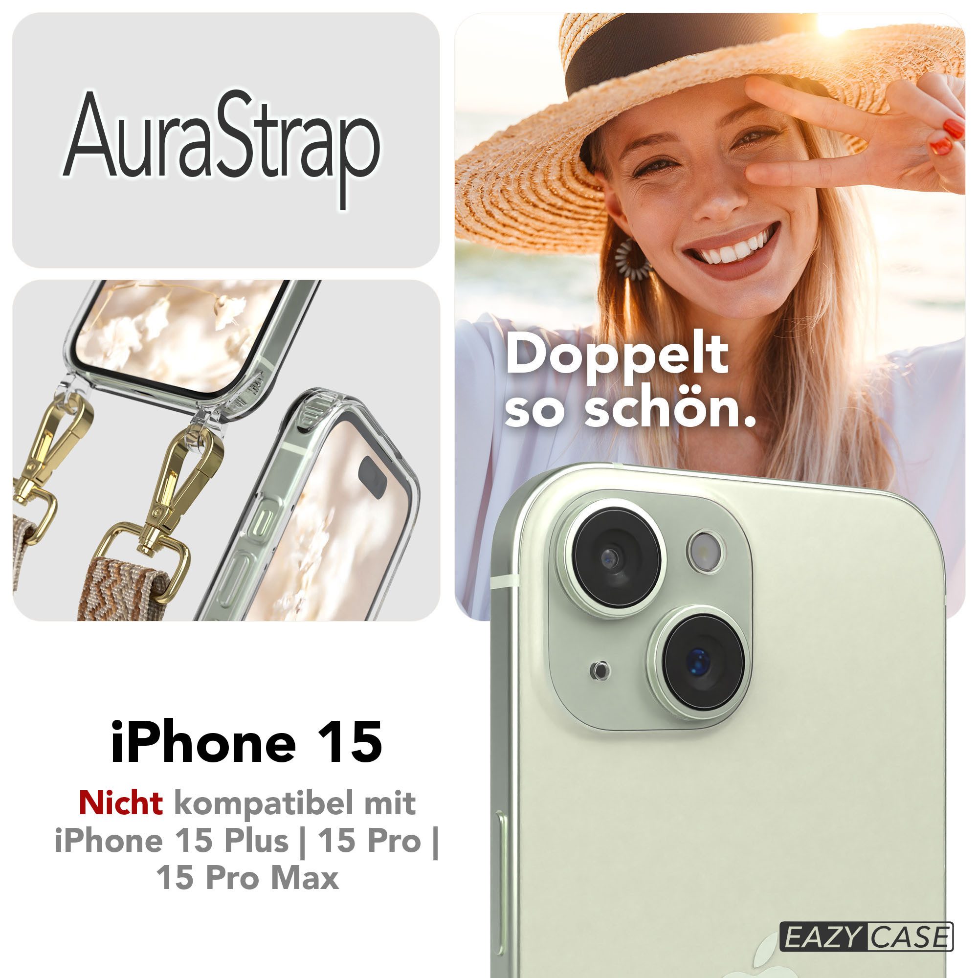 EAZY CASE Handykette Umhängeband MagSafe Hülle für Apple iPhone 15 6,1 Zoll, Schulterriemen Taschenband Handyband Wave Clear Hülle mit Band Beige