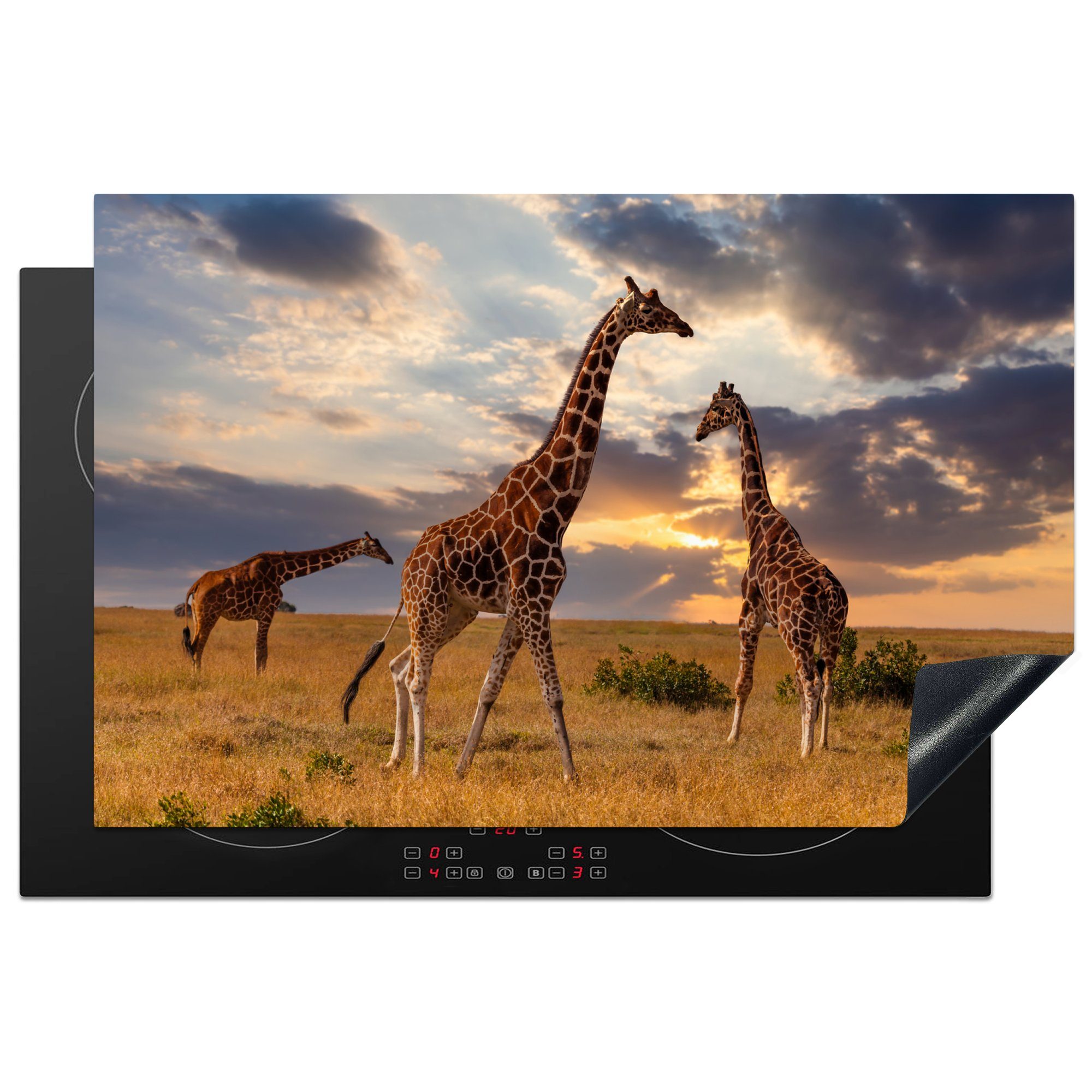 MuchoWow Herdblende-/Abdeckplatte Giraffen - Sonne - Afrika, Vinyl, (1 tlg), 81x52 cm, Induktionskochfeld Schutz für die küche, Ceranfeldabdeckung