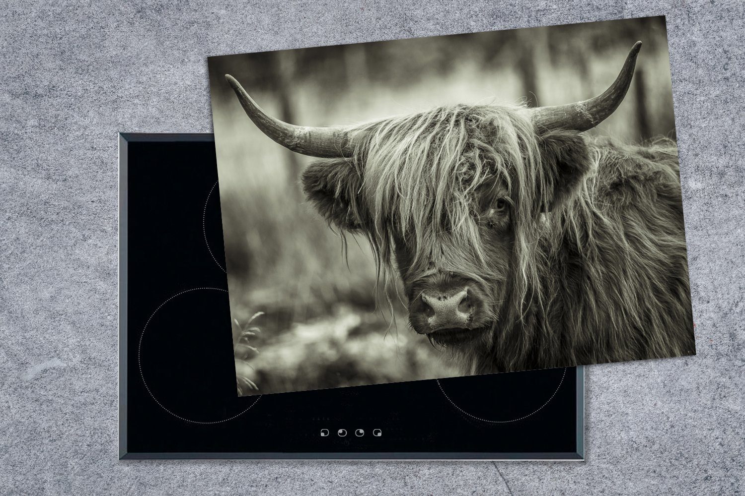 - tlg), Herdblende-/Abdeckplatte Schwarz Mobile cm, (1 Arbeitsfläche - Ceranfeldabdeckung Weiß, - Vinyl, nutzbar, MuchoWow Highlander Kühe Scottish 70x52