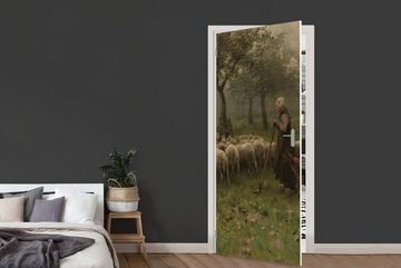 MuchoWow Türtapete Hirtin mit Schafherde - Gemälde von Anton Mauve, Matt, bedruckt, (1 St), Fototapete für Tür, Türaufkleber, 75x205 cm