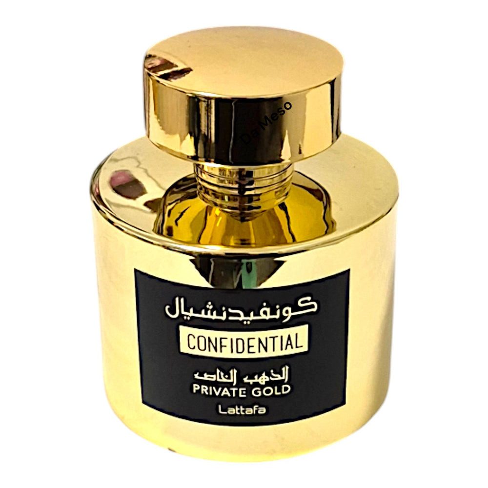 Lattafa Duft-Set CONFIDENTIAL Privat Gold EDP 100ml + Parfümzerstäuber (leer) Set