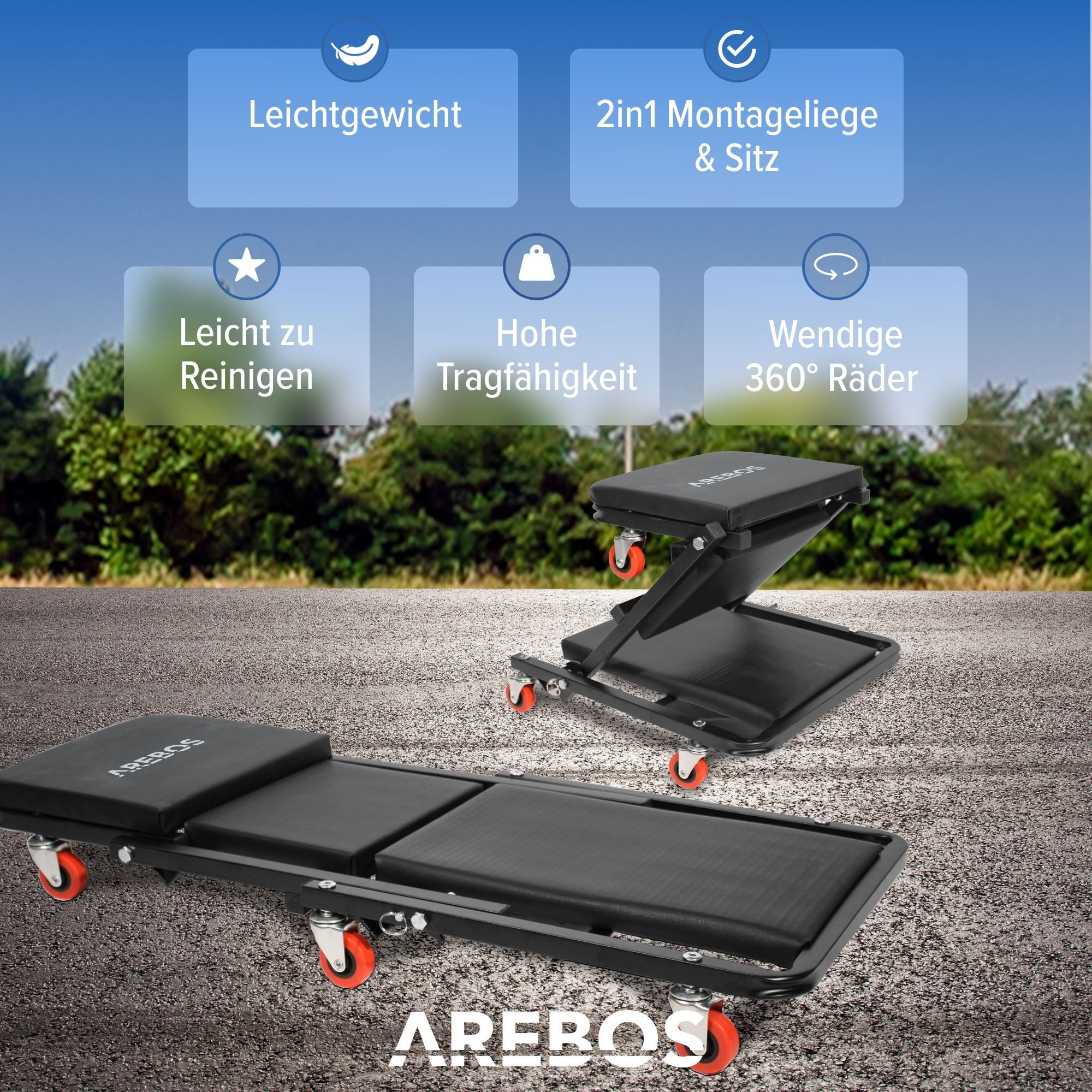 Arebos Transportroller 2-in-1 Montagerollbrett, 150 kg belastbar, 6 bewegliche Rollen, (Stück, 1-St., 360° drehbar), 150 kg belastbar, Stahlrahmen