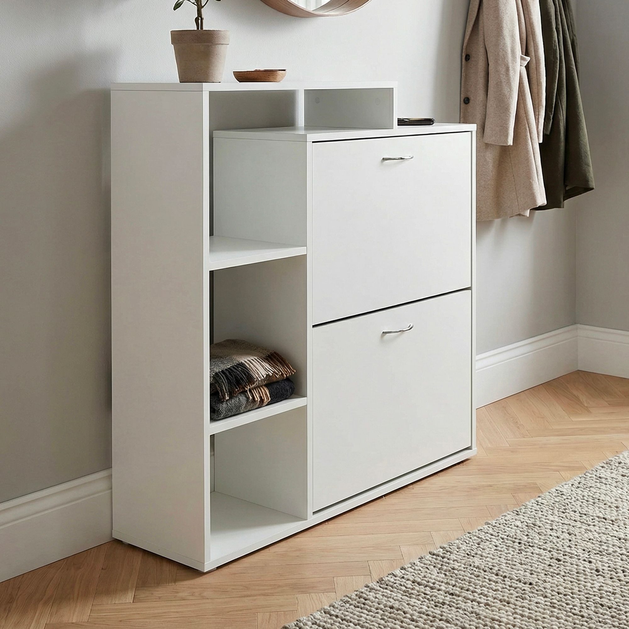 FINEBUY Schuhschrank FB113246 Schuhkipper 2 Fächer Weiß 12 Paar Schuhe Schuhschrank (Praktische Lösung für aufgeräumte Flure) Kompakte Möbelidee für mehr Übersicht im Alltag