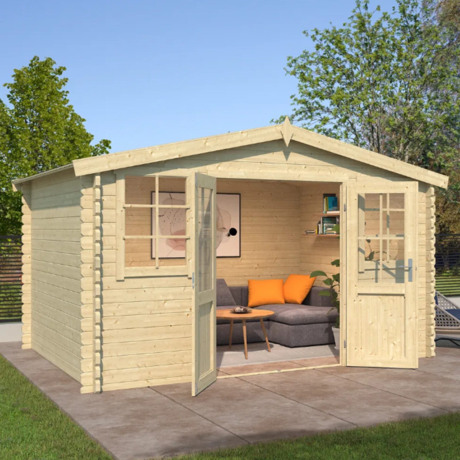 LASITA MAJA Gartenhaus Gartenhaus Blockbohlenhaus, Geräteschuppen, Gartenhütte,Holzhaus, BxT: 376x312 cm, Wetterfest, langlebig und in elegantem Carbongrau behandelt
