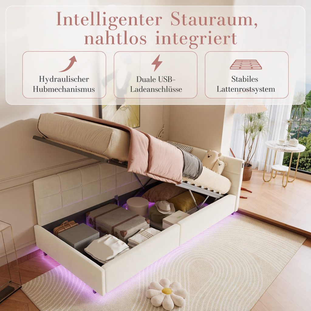 Simurq Daybed Tagesbett 90x200 mit Stauraum, Samtbett, Polsterbett, Gästebett, mit LED & USB Port, L-Form, Mit Lattenrost, Wohnliches Design