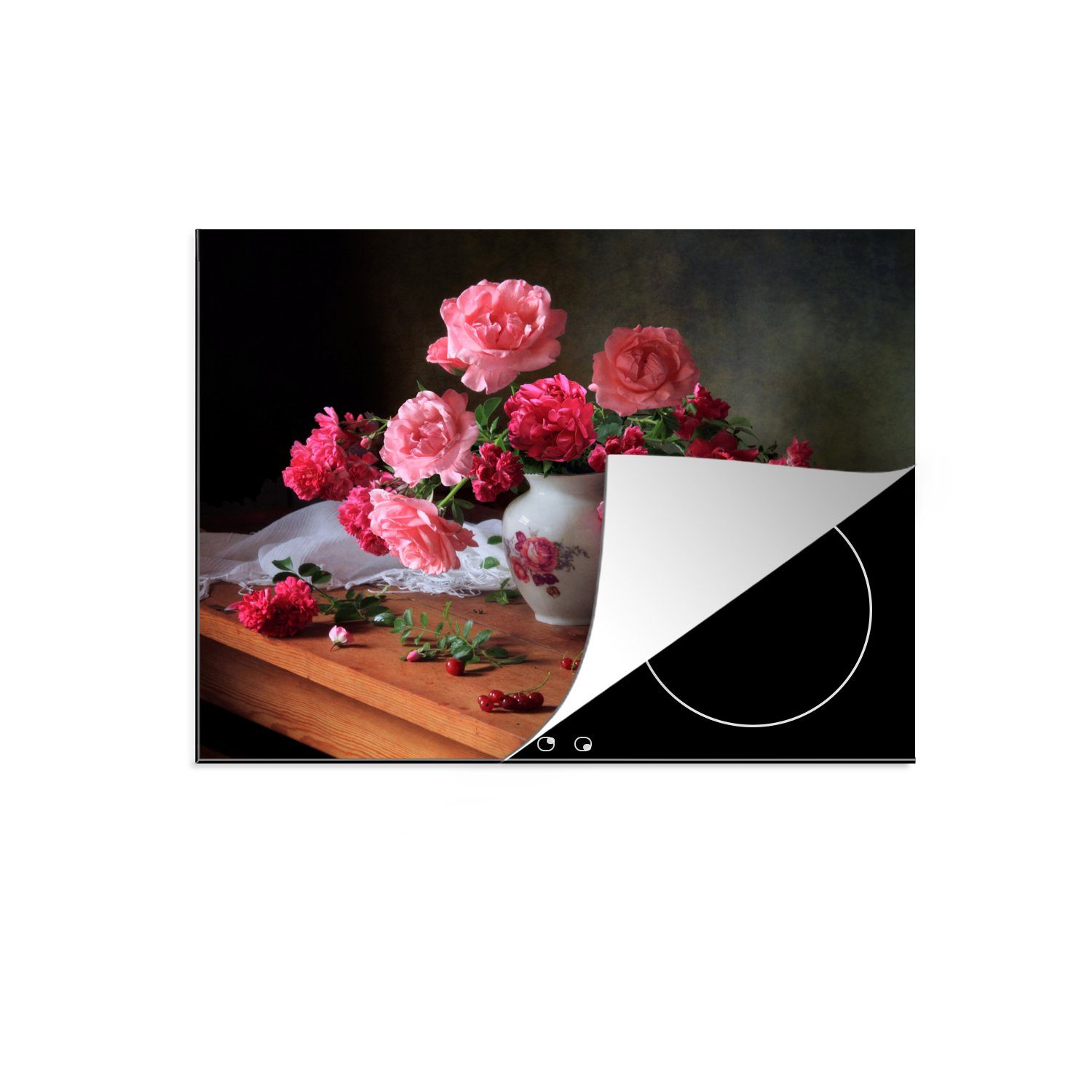 MuchoWow Herdblende-/Abdeckplatte Rosen - Stilleben - Rosa, Vinyl, (1 tlg), 59x52 cm, Ceranfeldabdeckung für die küche, Induktionsmatte