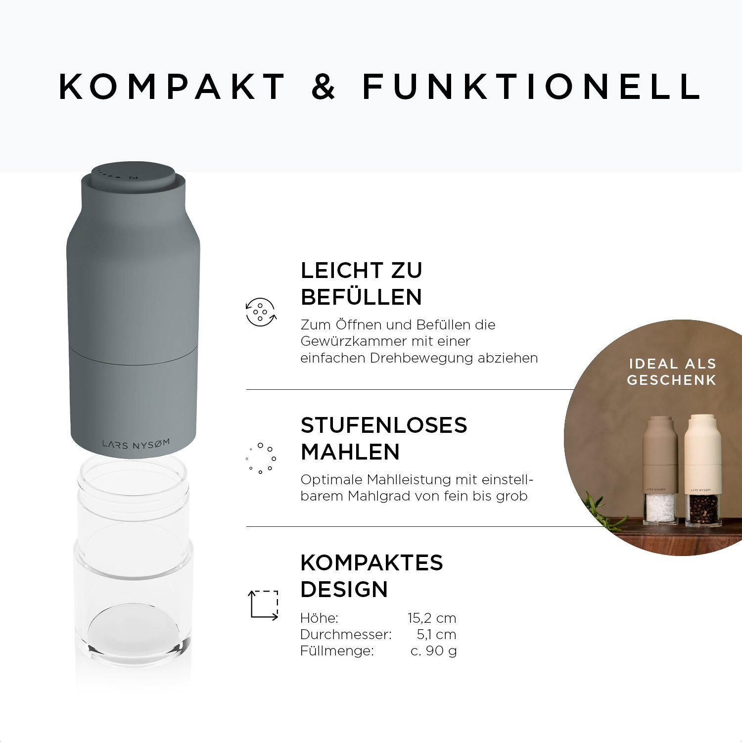 Cool Salz-/Pfeffermühle mit Grey NYSØM Keramik-Mahlwerk Omvendt LARS Manuell, einstellbarem