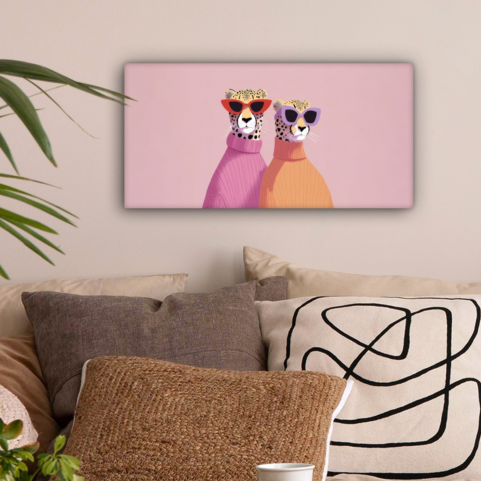 OneMillionCanvasses® Leinwandbild Panorama Jagd auf Leoparden - Sonnenbrillen - Pullover, Fotodruck (1 St), Wandbild, Deko Schlafzimmer Wohnzimmer Flur 40x20 cm