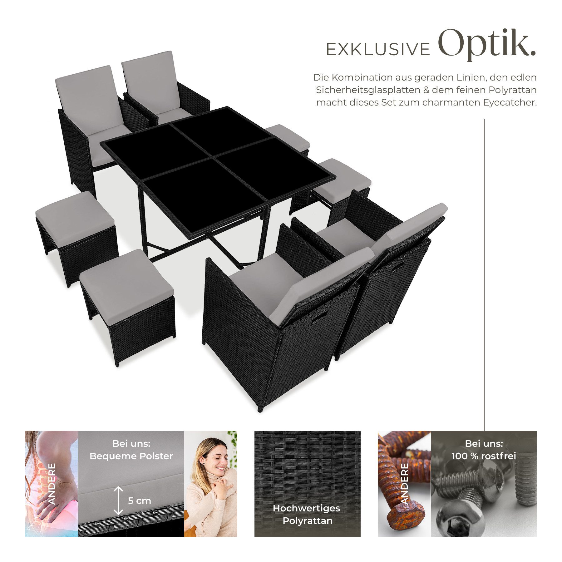 tectake Sitzgruppe Rattan-Gartenlounge für 4 bis 8 Personen, Inkl. Schutzhülle, (Loungeset Bilbao, 9-tlg., für Außen in Schwarz/Grau), widerstandsfähig, UV-beständig, mit Sicherheitsglasplatten