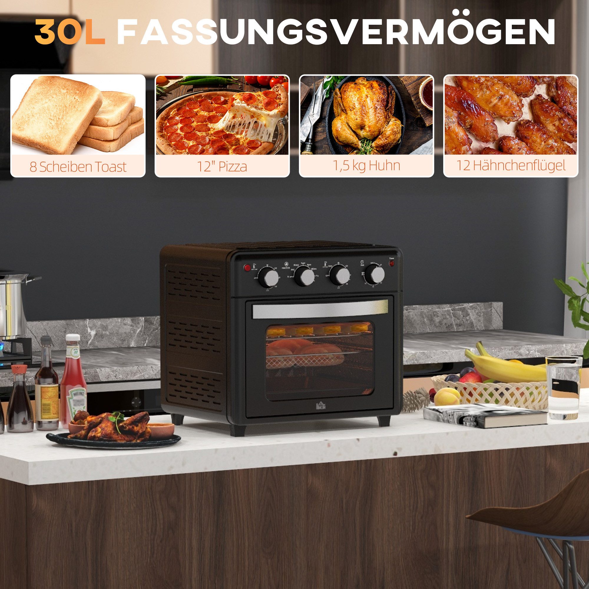 BBG Minibackofen Minibackofen mit Umluft 30L, 7 Modi inkl. Grillrost, Backblech, mit Frittierkorb, Temperatur 90-230°C, schnell und energieeffizient
