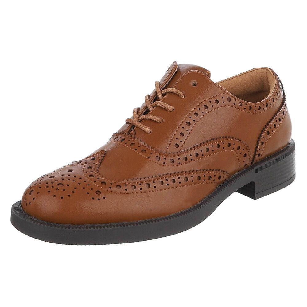 Ital-Design Damen Budapester Schnürschuh mit Lochmuster Schnürschuh (91742607) Blockabsatz Schnürer in Camel