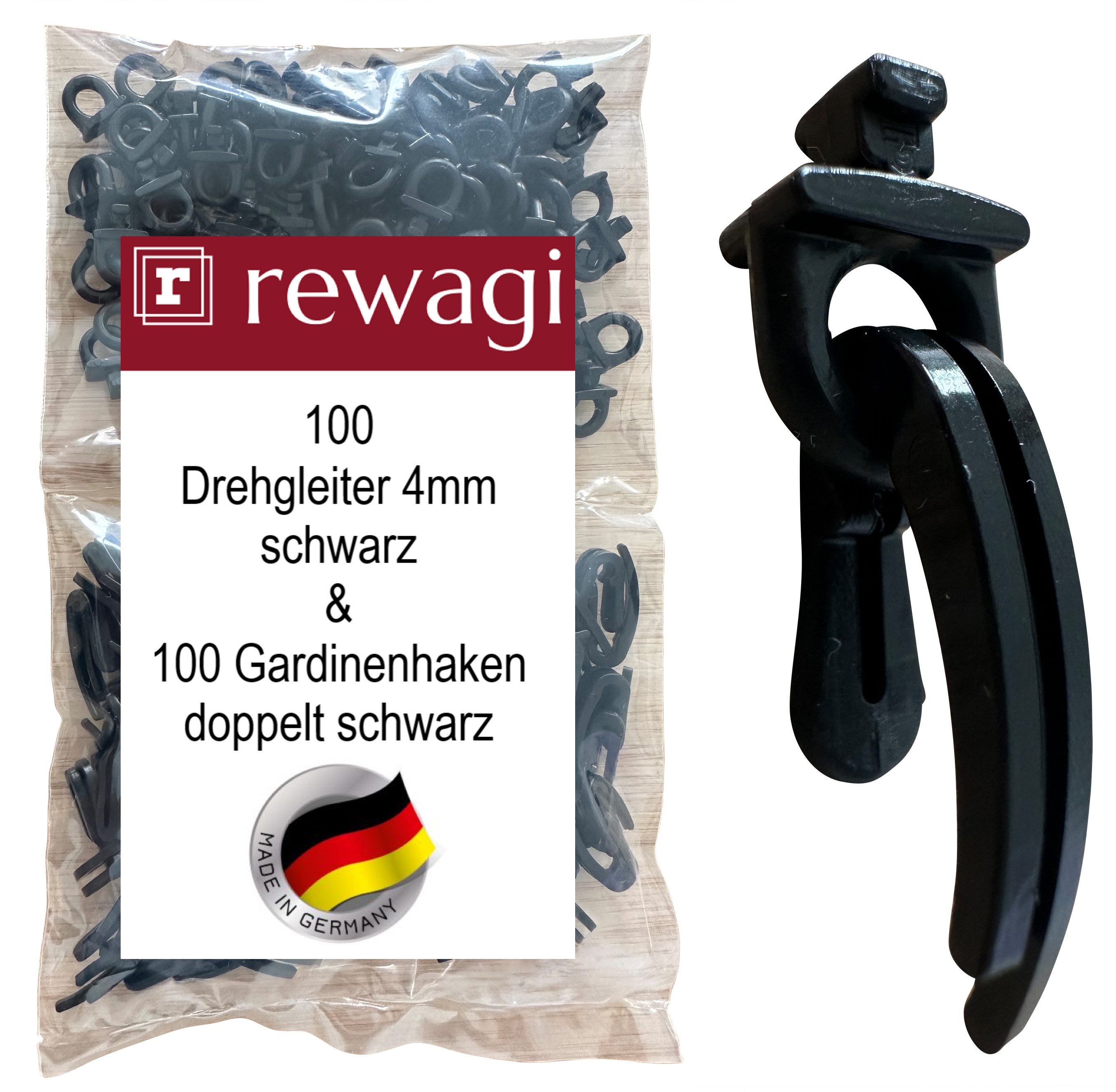rewagi Gardinengleiter 100 Drehgleiter & 100 Gardinenhaken doppelt für Gardinenschiene 4 mm, Gardinenschiene, Gardinenleiste, Gardinen, Vorhänge