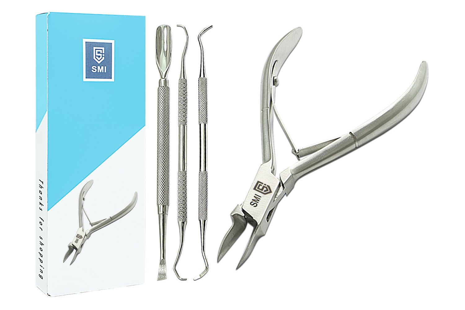 SMI Nagelhautzange Fußpflege Nagelzange Eckenzange Nagelhautschieber Eckenheber, Hand- und Fußpflegeset, 4-tlg., mit Nagelzange Fußpflege set