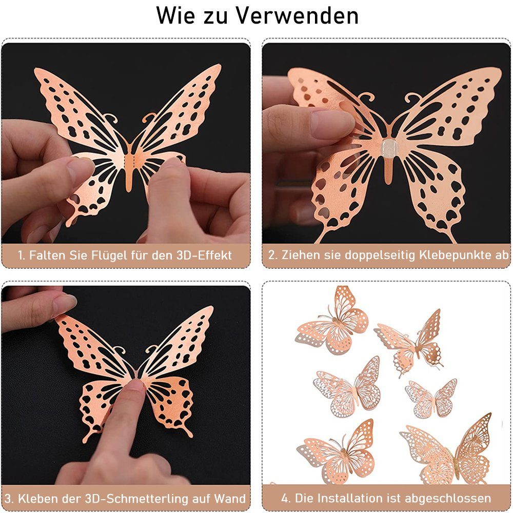 3 Stück 3D-Wandtattoo Deko Wandaufkleber,4 Größe 48 Aufkleber Roségold Arten Schmetterling 3D NUODWELL