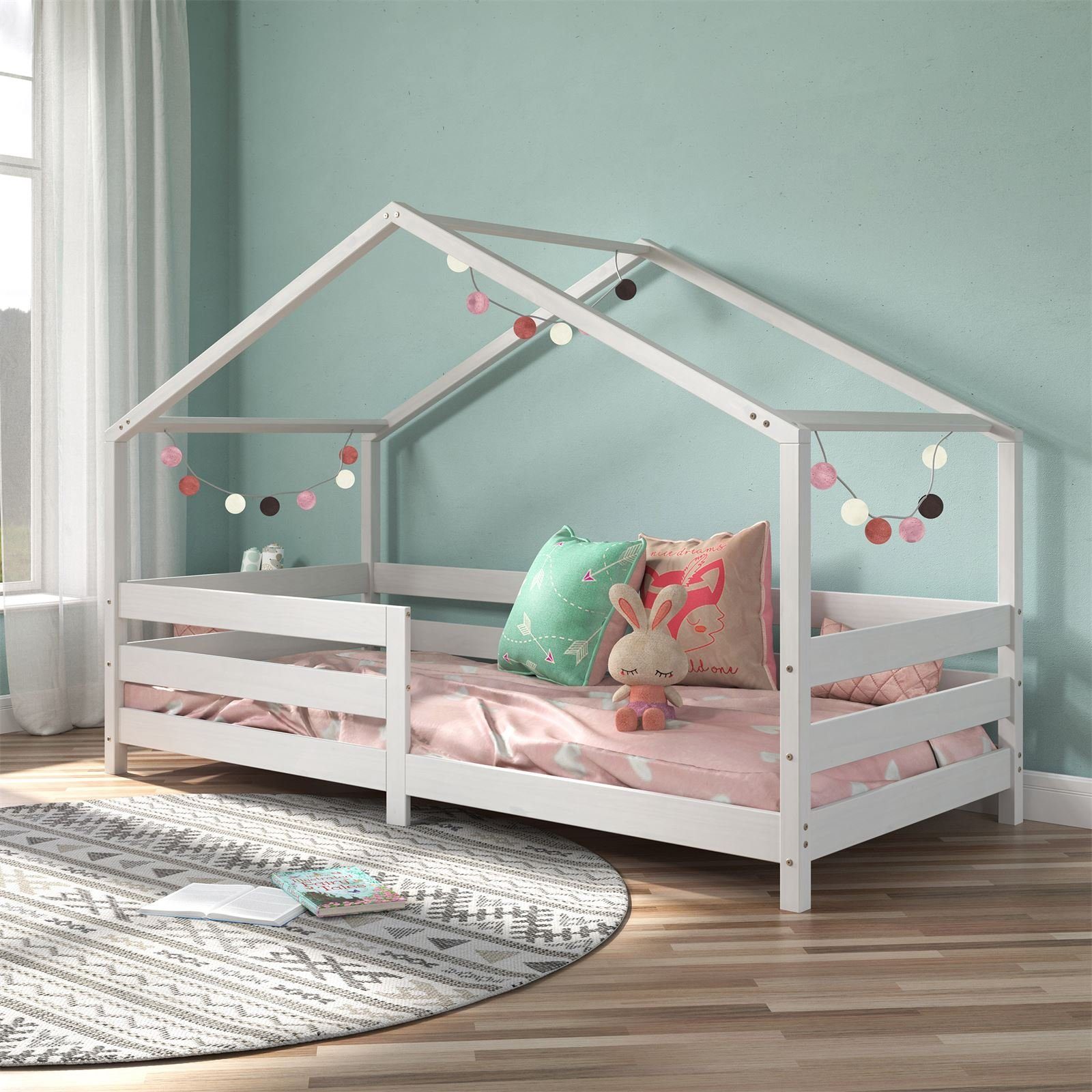 IDIMEX Kinderbett RENA, Hausbett Montessori Bett 90 x 200 Kinderbett Rausfallschutz Kiefer