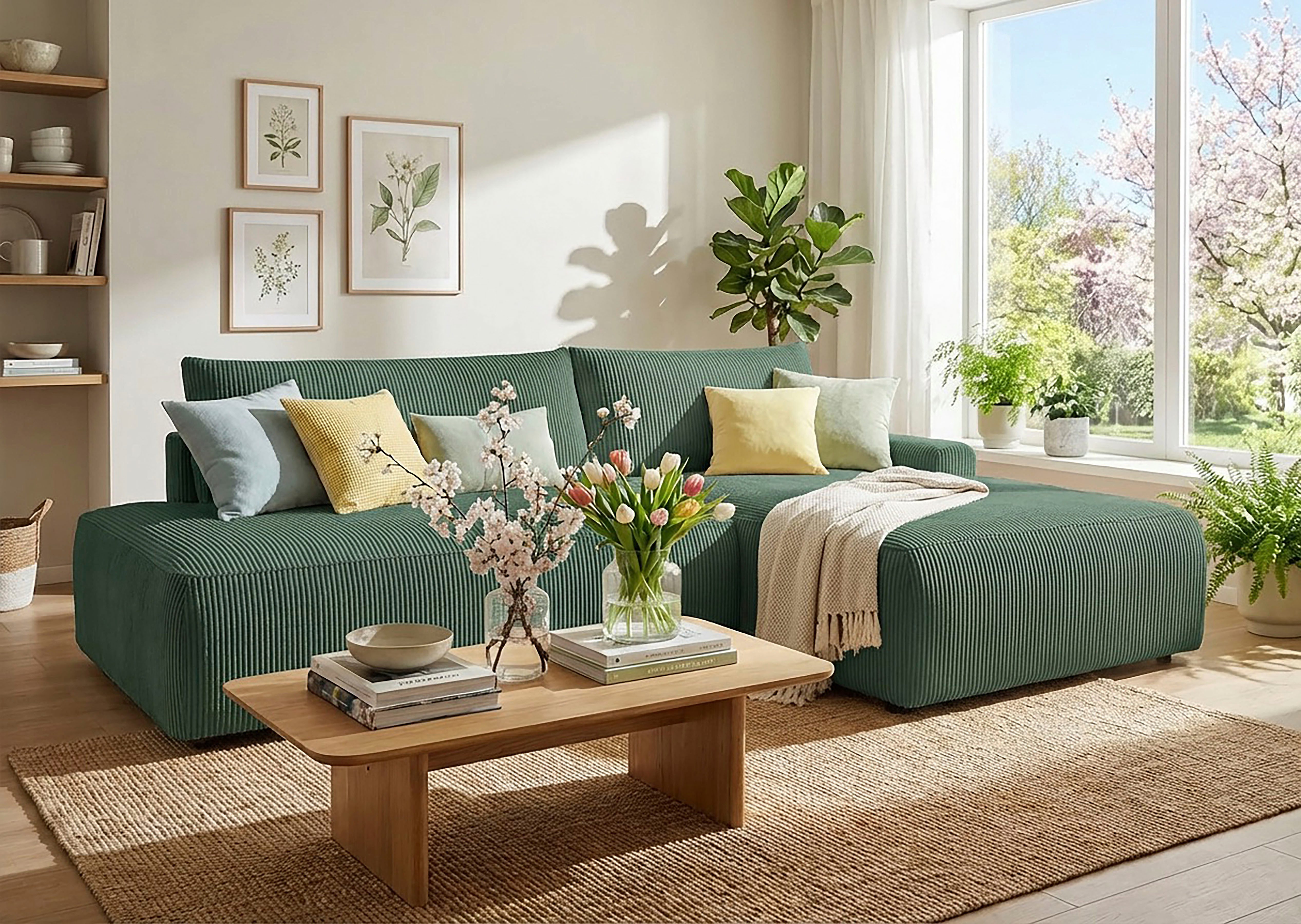 TRENDMANUFAKTUR Ecksofa Prag, Schlafsofa mit Bettkasten, Couch in L-Form, Breite 253 cm, in Cordstoff HYPER, dunkelgrün, Recamiere rechts