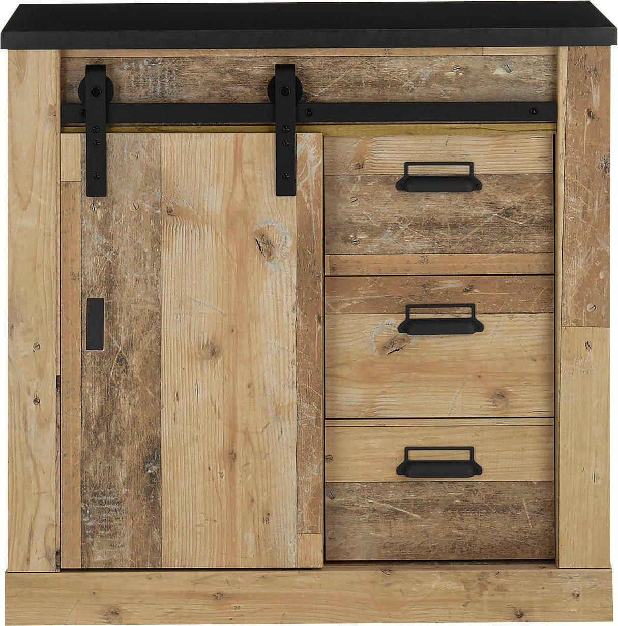 Home affaire Kommode SHERWOOD, Holz Dekor, mit Scheunentorbeschlag und Apothekergriffen, Breite 92 cm