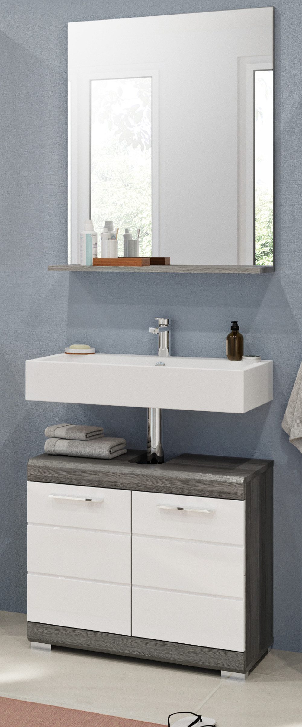 Inn.Furn Badezimmer-Set Shawn, (Badmöbel in weiß Hochglanz und grau, 2-St., Breite 60 cm), Schubkästen mit Vollauszug