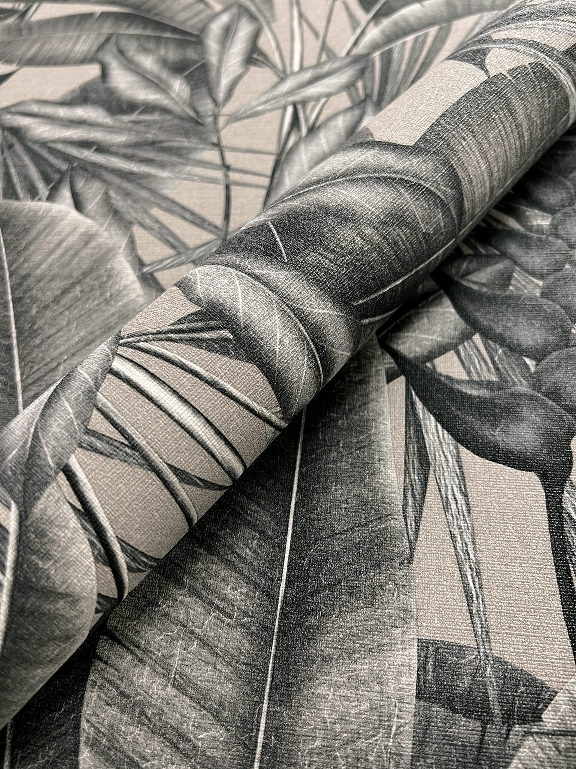 Newroom Vliestapete, Grau Tapete Modern Dschungel - Mustertapete Blumentape günstig online kaufen