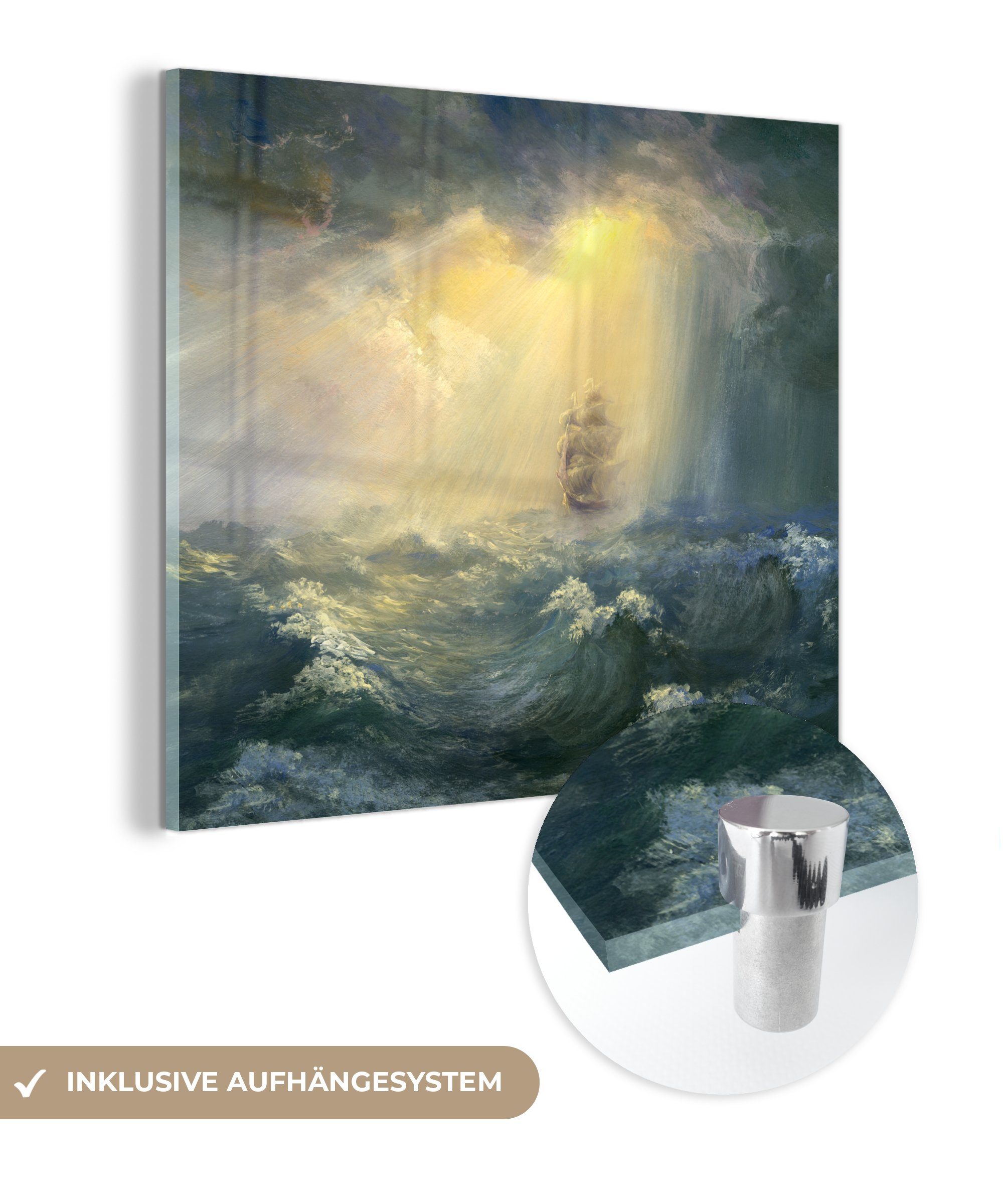 MuchoWow Acrylglasbild Illustration - von Sonne Wanddekoration Wandbild Bilder eines auf Glas - (1 Glas St), auf - der beleuchteten Segelschiffs, Foto Glasbilder
