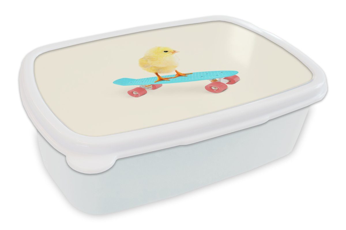 MuchoWow Lunchbox Küken - Gelb - Skateboard - Blau - Tiere, Kunststoff, (2-tlg), Brotbox für Kinder und Erwachsene, Brotdose, für Jungs und Mädchen weiß