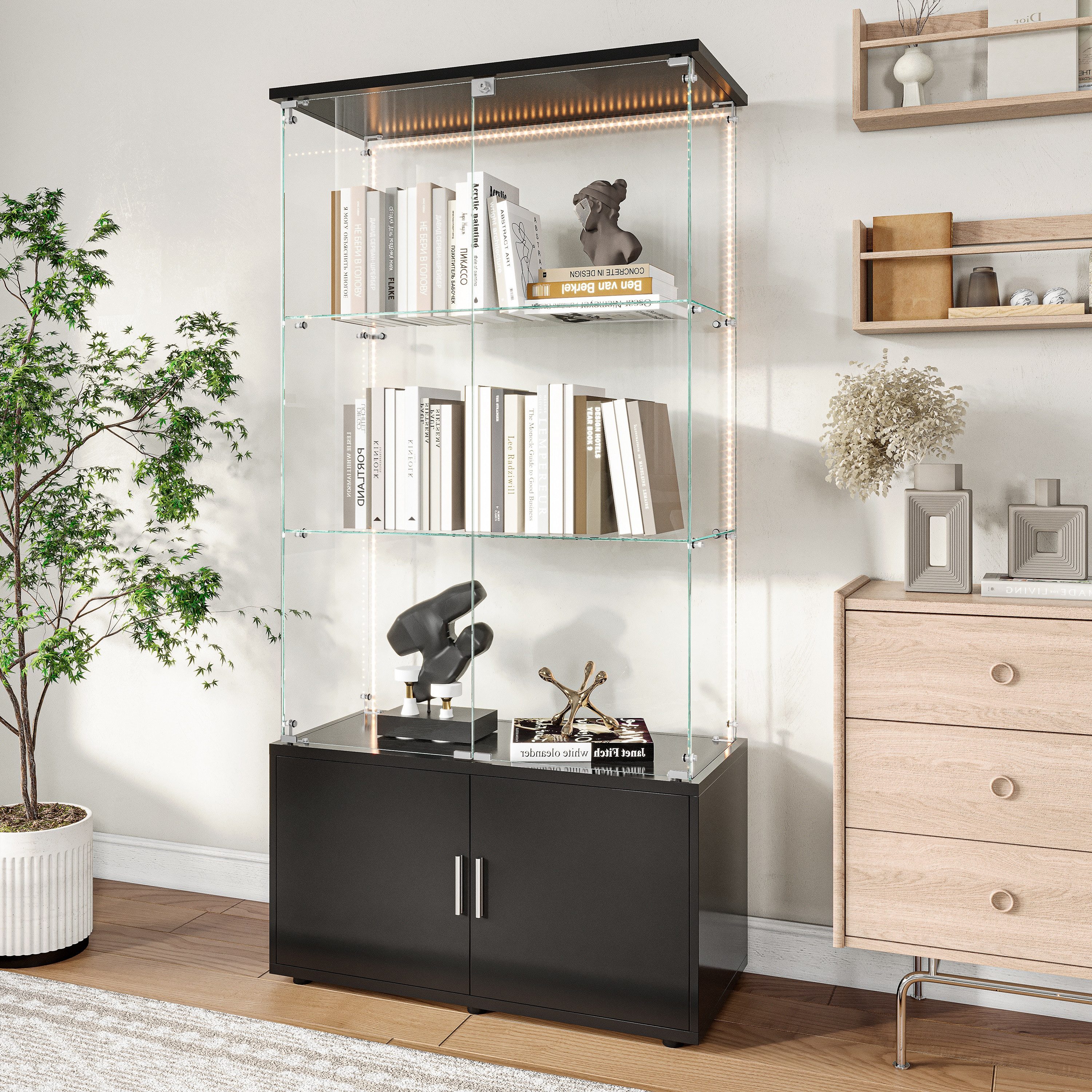 BELUPAI Glasvitrine Modern Glas Vitrine Vitrinenschrank (Set, 1-St., 4 Böden Standvitrinen mit 2 Glastür und Kabinett, LED-Lichtleiste) für Sammlerstücke Bücher Wein, 78.5 x 35 x 164 cm