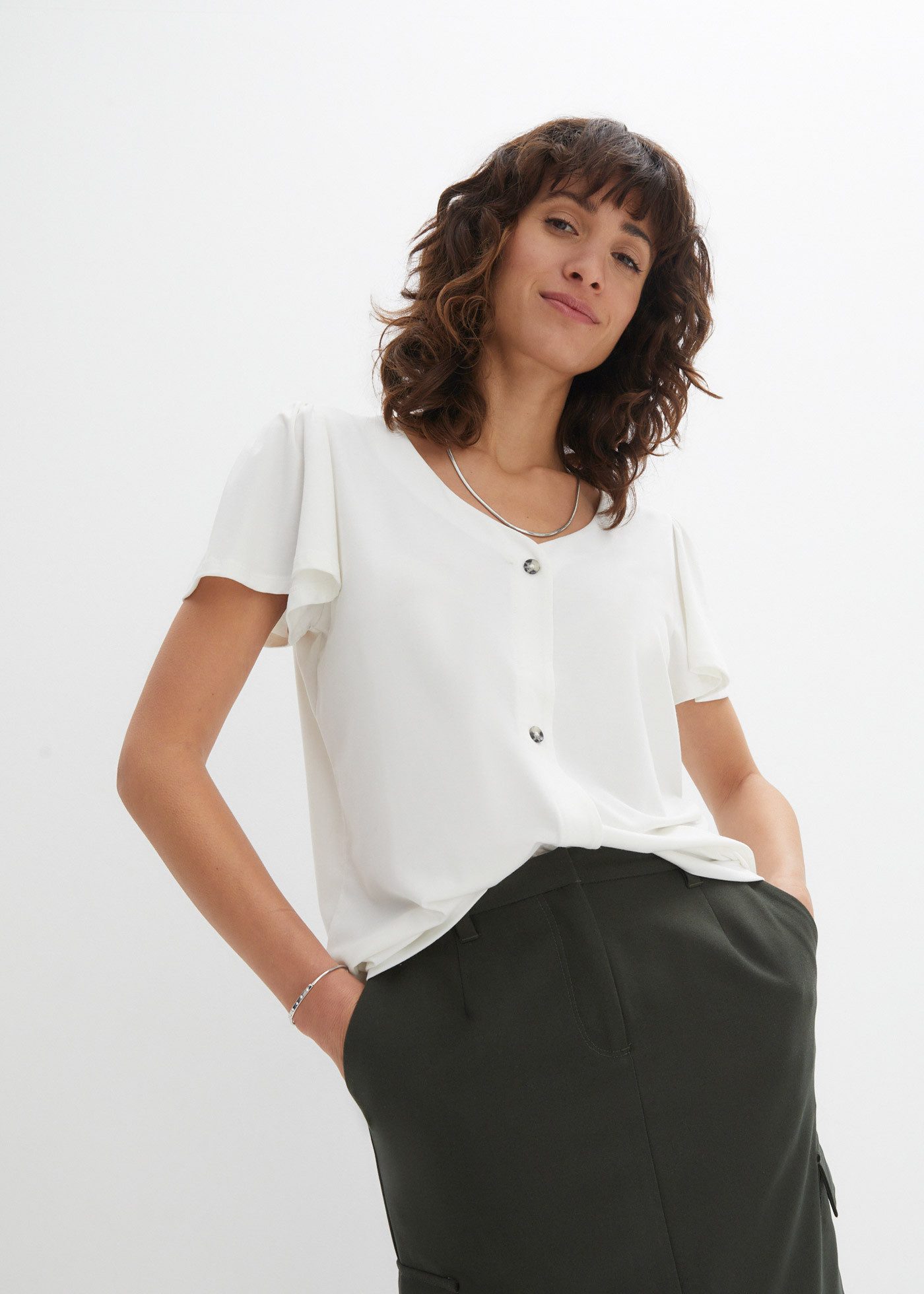 bonprix T-Shirt bequeme Passform, Kurzarm-Design, mit Knopfleiste günstig online kaufen